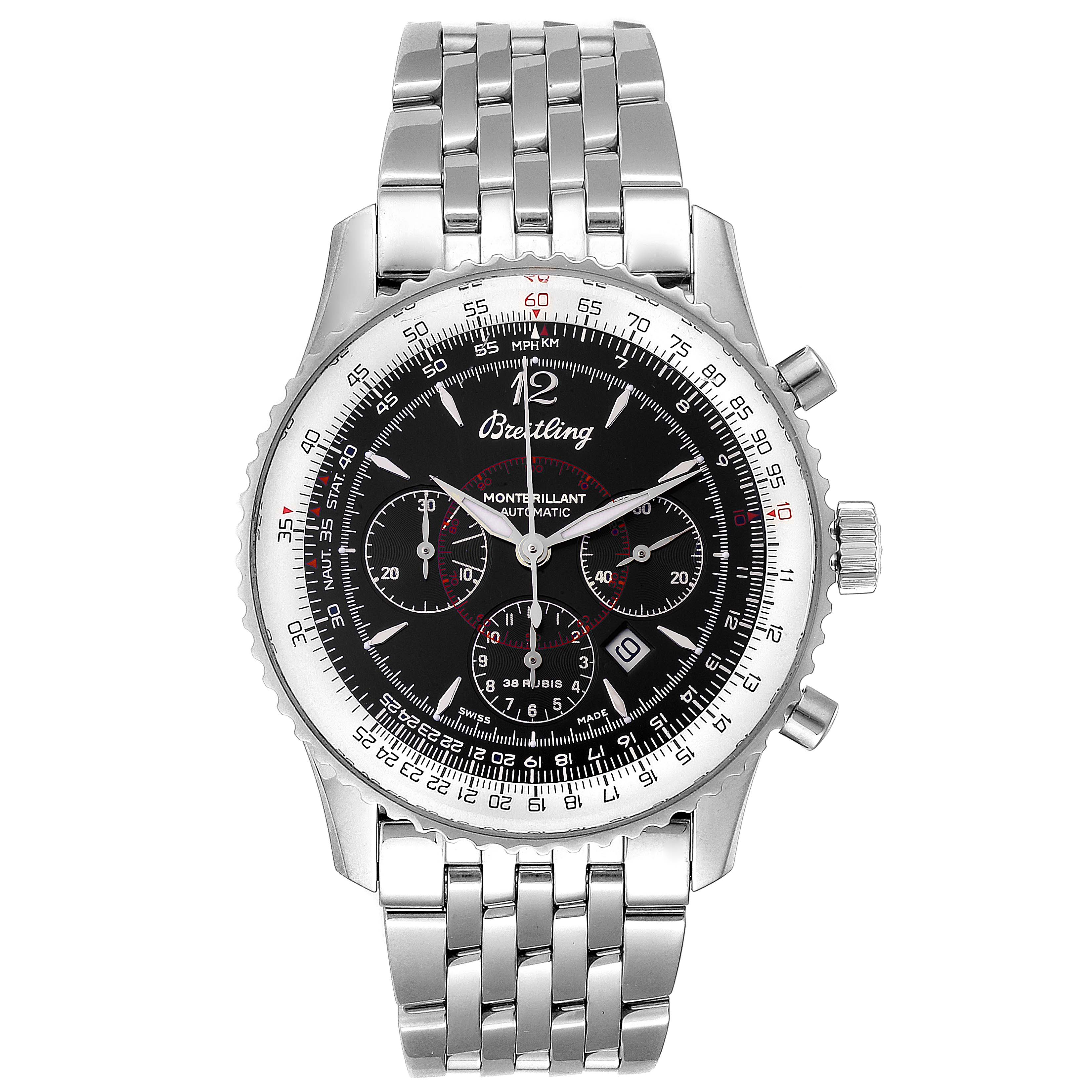 This Breitling Navitimer A41330 Men
s Stainless Steel Black Dial A41330 Men
s Stainless Steel Black Dial watch is shown from the front, displaying its face, dial, and stainless steel bracelet.