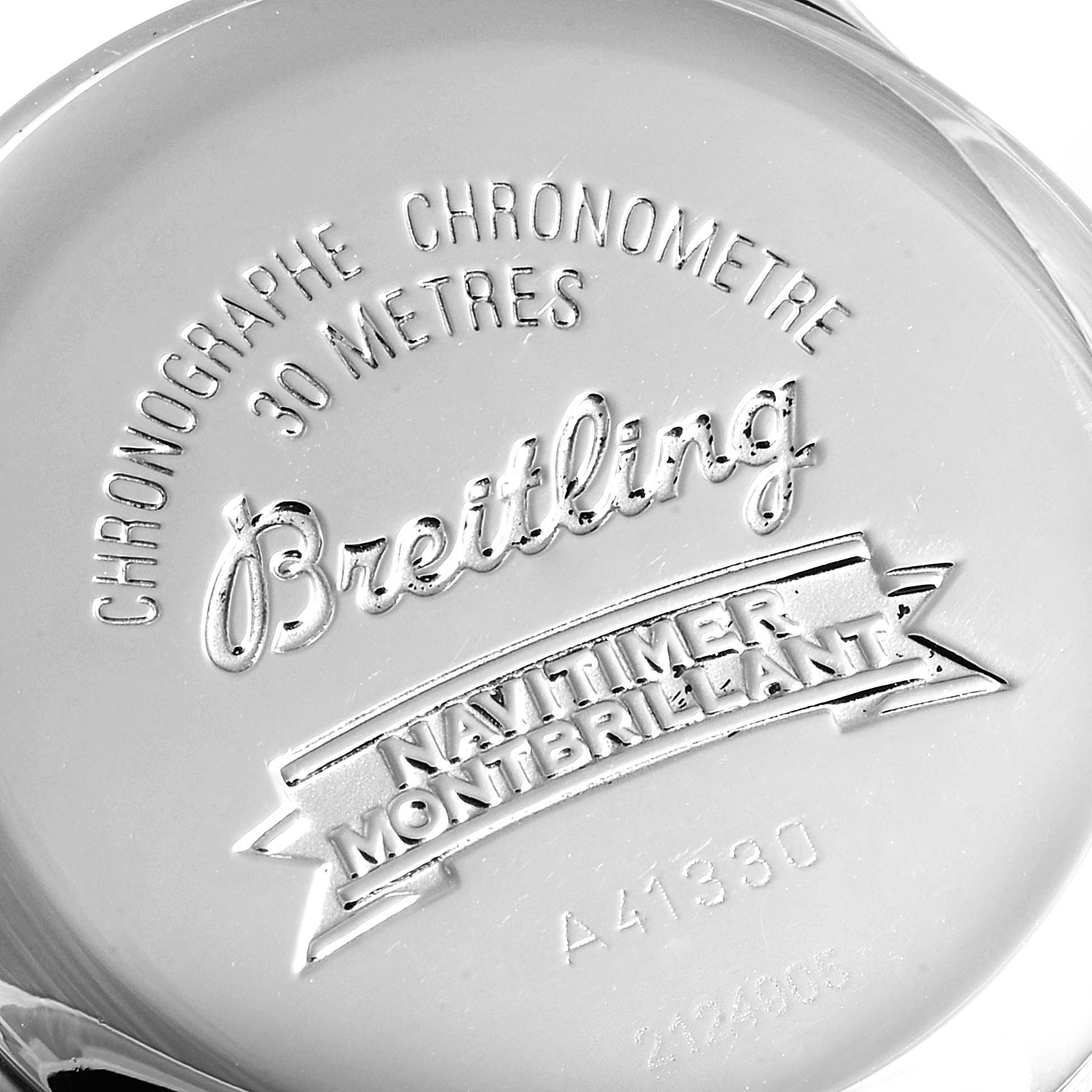 This image shows the back case of a Breitling Navitimer A41330 Men
s Stainless Steel Black Dial A41330 Men
s Stainless Steel Black Dial Montbrillant watch, featuring engraved text and model details.