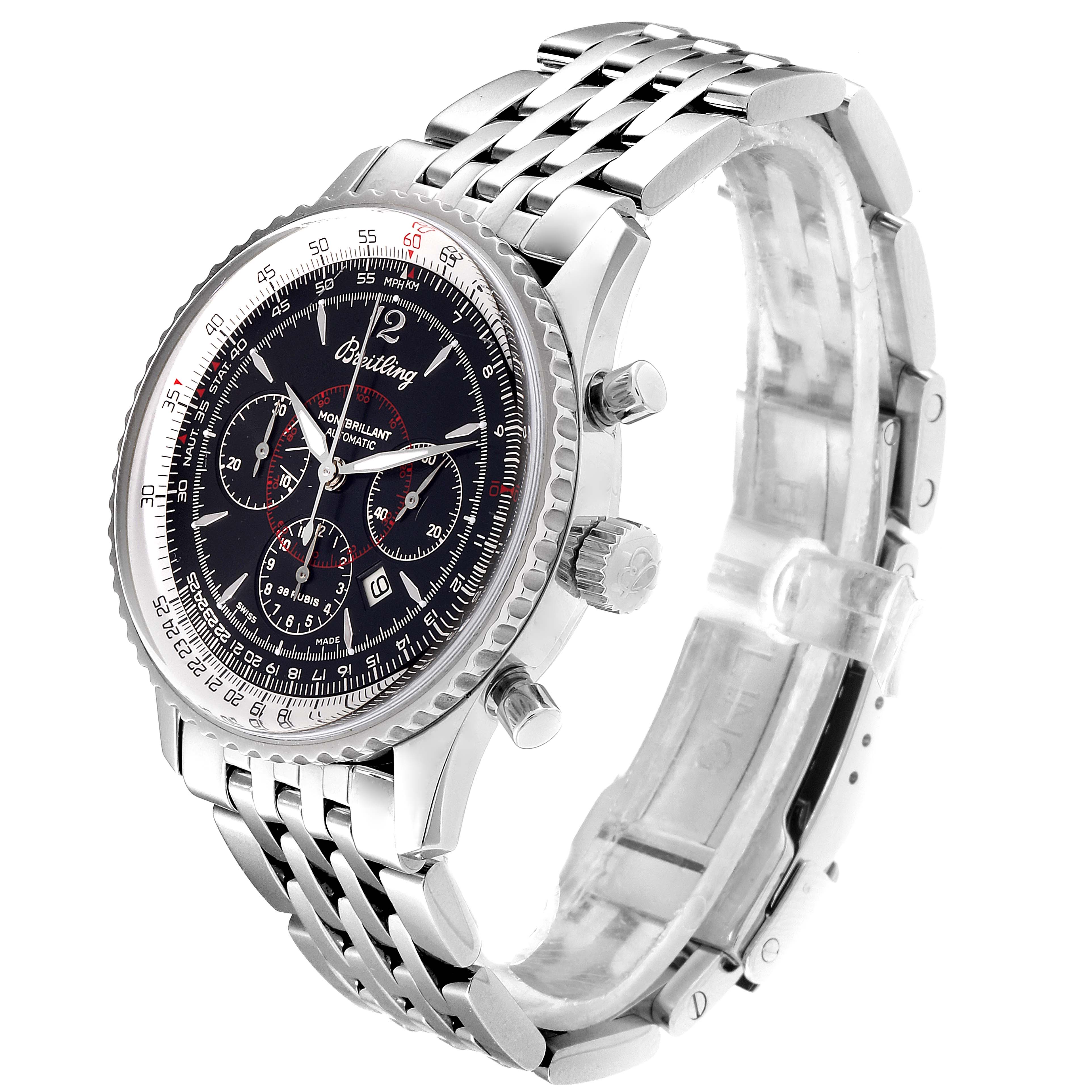 The Breitling Navitimer A41330 Men
s Stainless Steel Black Dial A41330 Men
s Stainless Steel Black Dial watch is shown from a three-quarter angle, highlighting its dial, bezel, buttons, and bracelet.