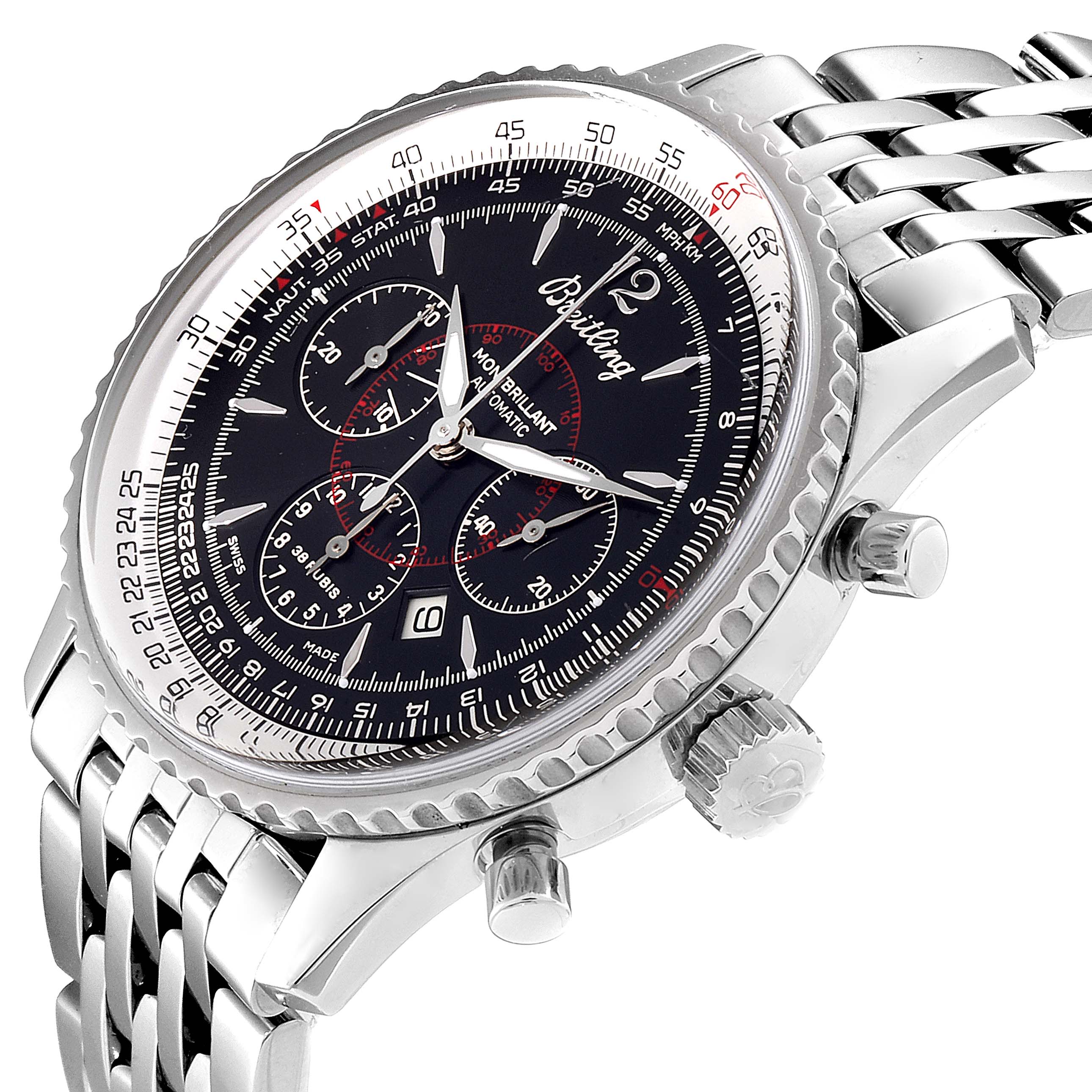 The Breitling Navitimer A41330 Men
s Stainless Steel Black Dial A41330 Men
s Stainless Steel Black Dial watch is shown at a three-quarters angle, highlighting the face, bezel, crown, pushers, and part of the bracelet.