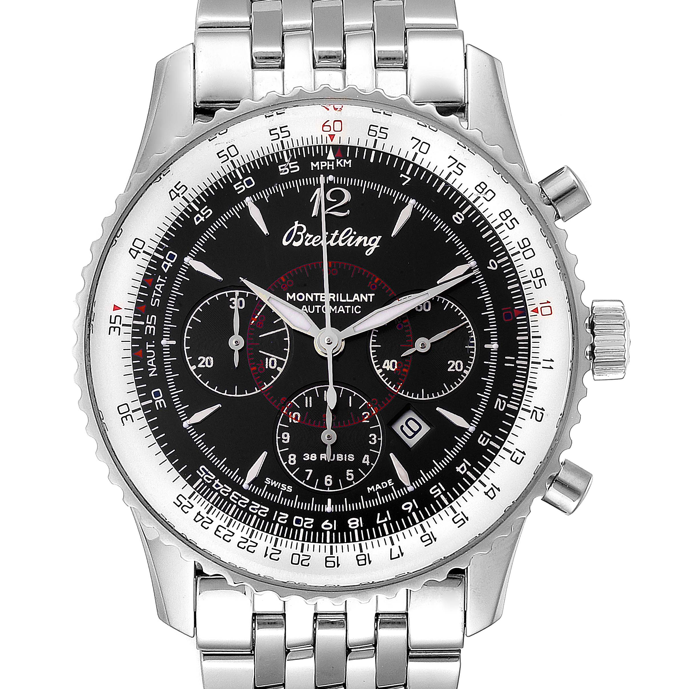 The image shows a front view of the Breitling Navitimer A41330 Men
s Stainless Steel Black Dial A41330 Men
s Stainless Steel Black Dial watch, displaying its face, bezel, crown, and pushers.