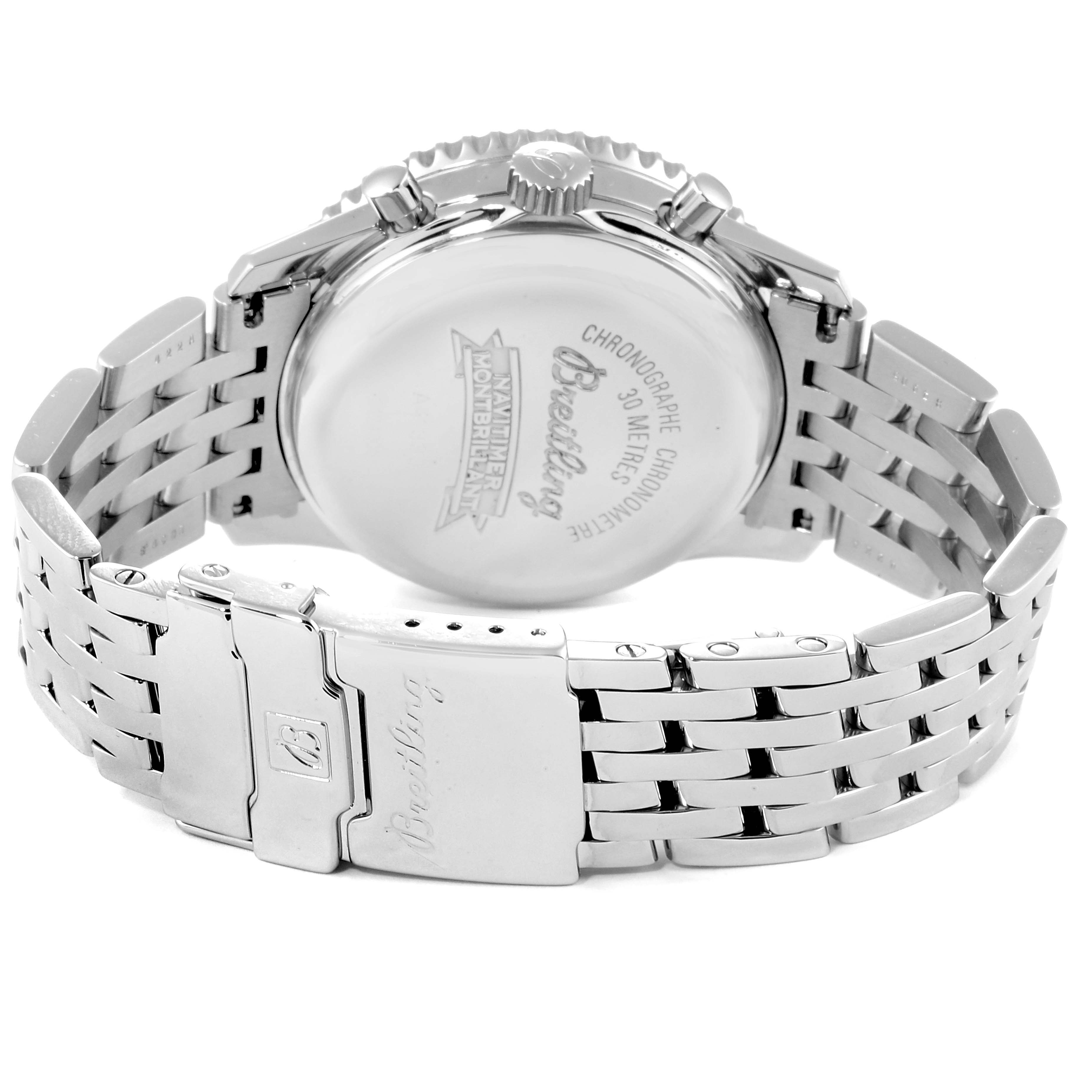 This image shows the Breitling Navitimer A41330 Men
s Stainless Steel Black Dial A41330 Men
s Stainless Steel Black Dial watch from the back, highlighting the clasp, bracelet, and caseback.
