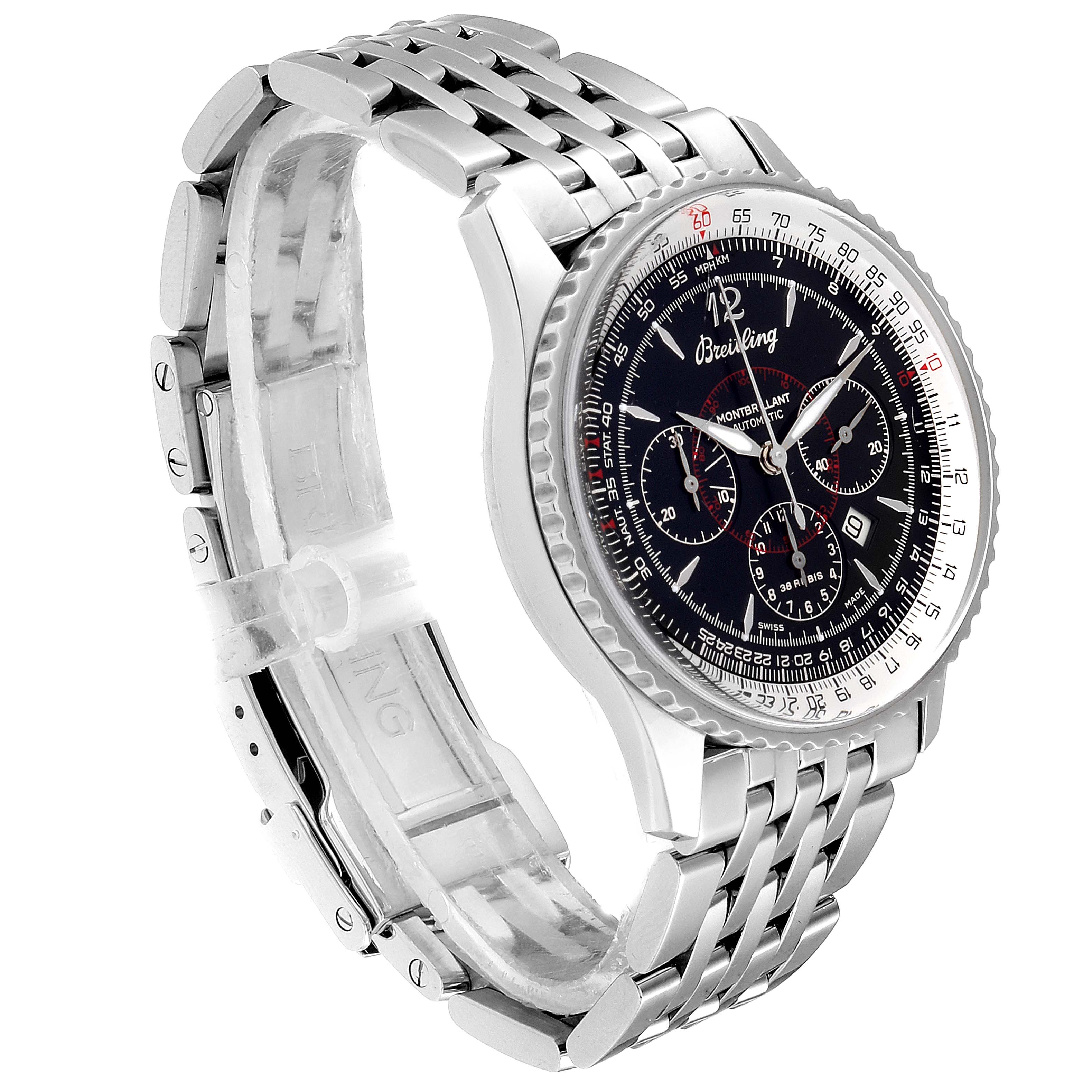 The image shows a Breitling Navitimer A41330 Men
s Stainless Steel Black Dial A41330 Men
s Stainless Steel Black Dial watch at an angle highlighting its face, bezel, and bracelet.