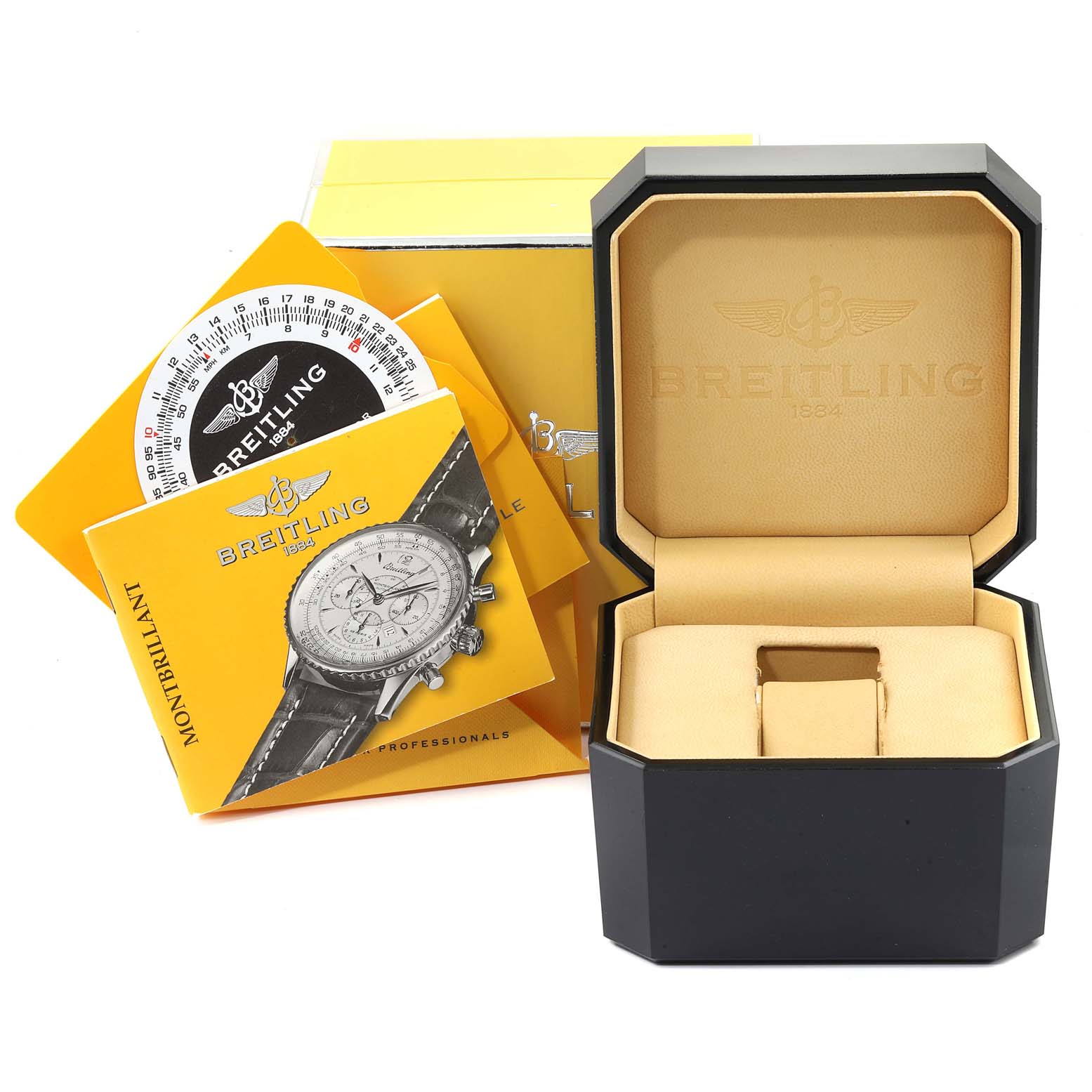 The image shows the packaging and accessories for the Breitling Navitimer A41330 Men
s Stainless Steel Black Dial A41330 Men
s Stainless Steel Black Dial watch, including the box, manuals, and paperwork.