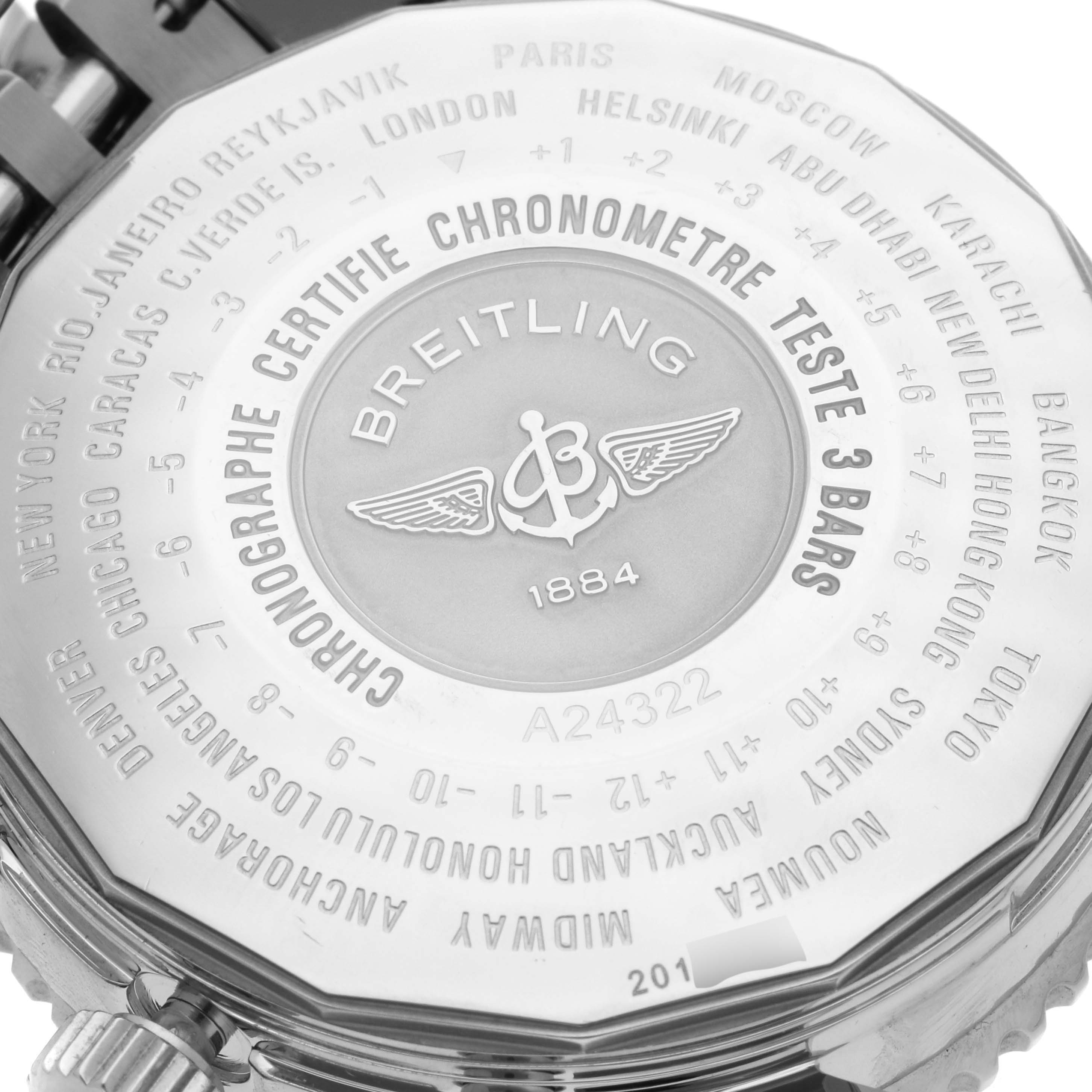 This image shows the back case of a Breitling Navitimer A24322 Men
s Stainless Steel Blue Dial A24322 Men
s Stainless Steel Blue Dial watch, highlighting engravings and the logo.