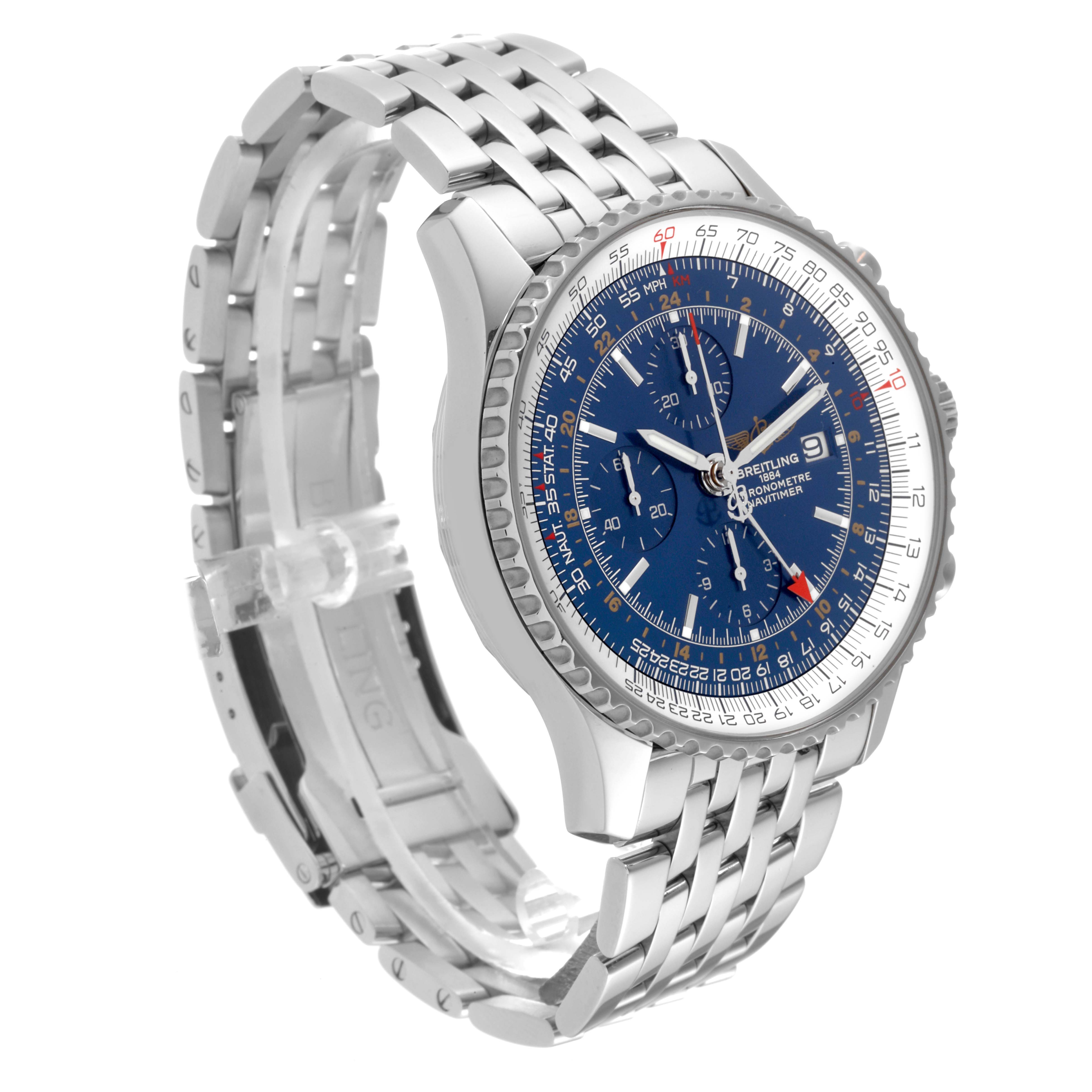 The Breitling Navitimer A24322 Men
s Stainless Steel Blue Dial A24322 Men
s Stainless Steel Blue Dial watch is shown from a front side angle, featuring its distinctive blue dial and stainless steel bracelet.