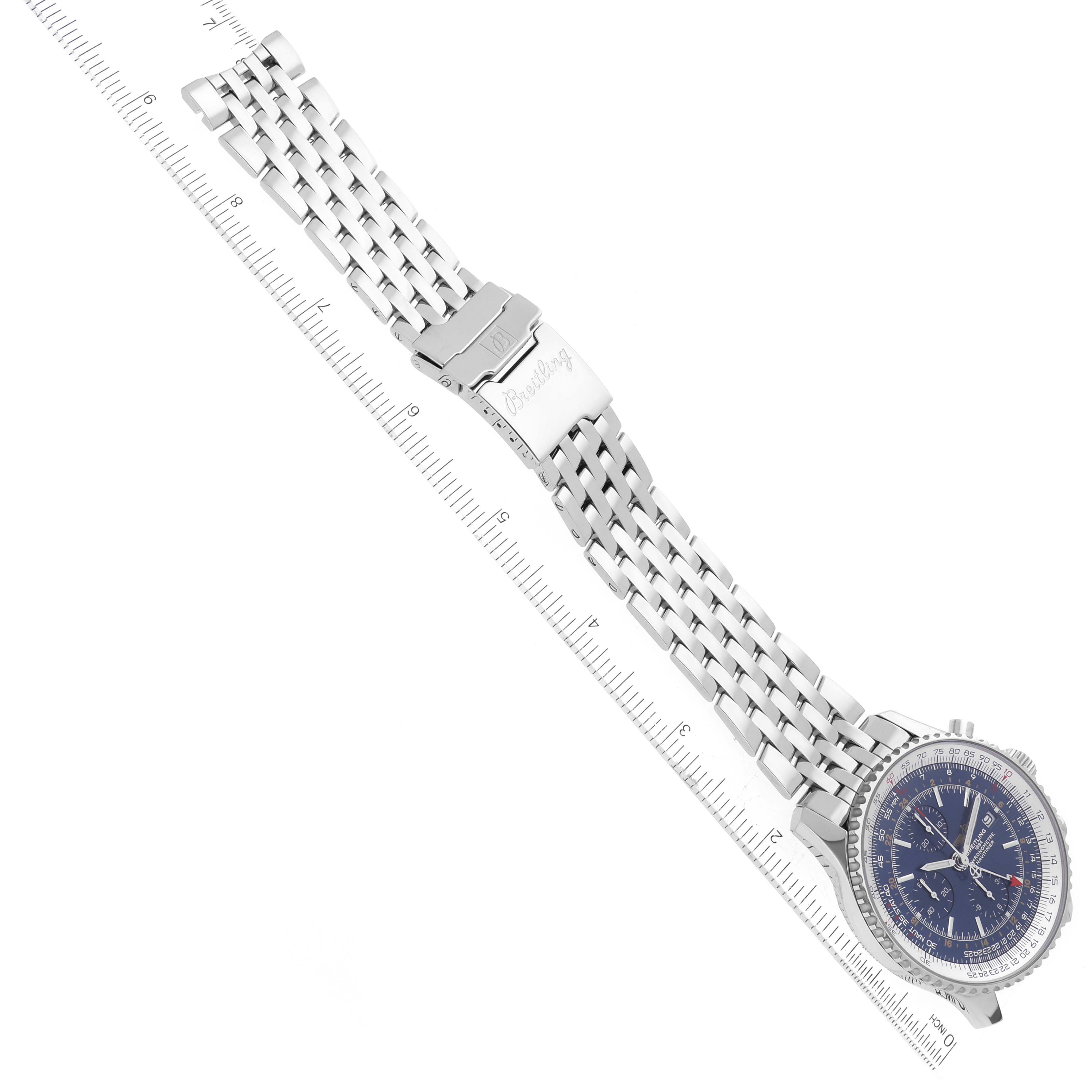 The image shows a Breitling Navitimer A24322 Men
s Stainless Steel Blue Dial A24322 Men
s Stainless Steel Blue Dial watch at an angled top-down view, highlighting the entire metal bracelet and clasp.