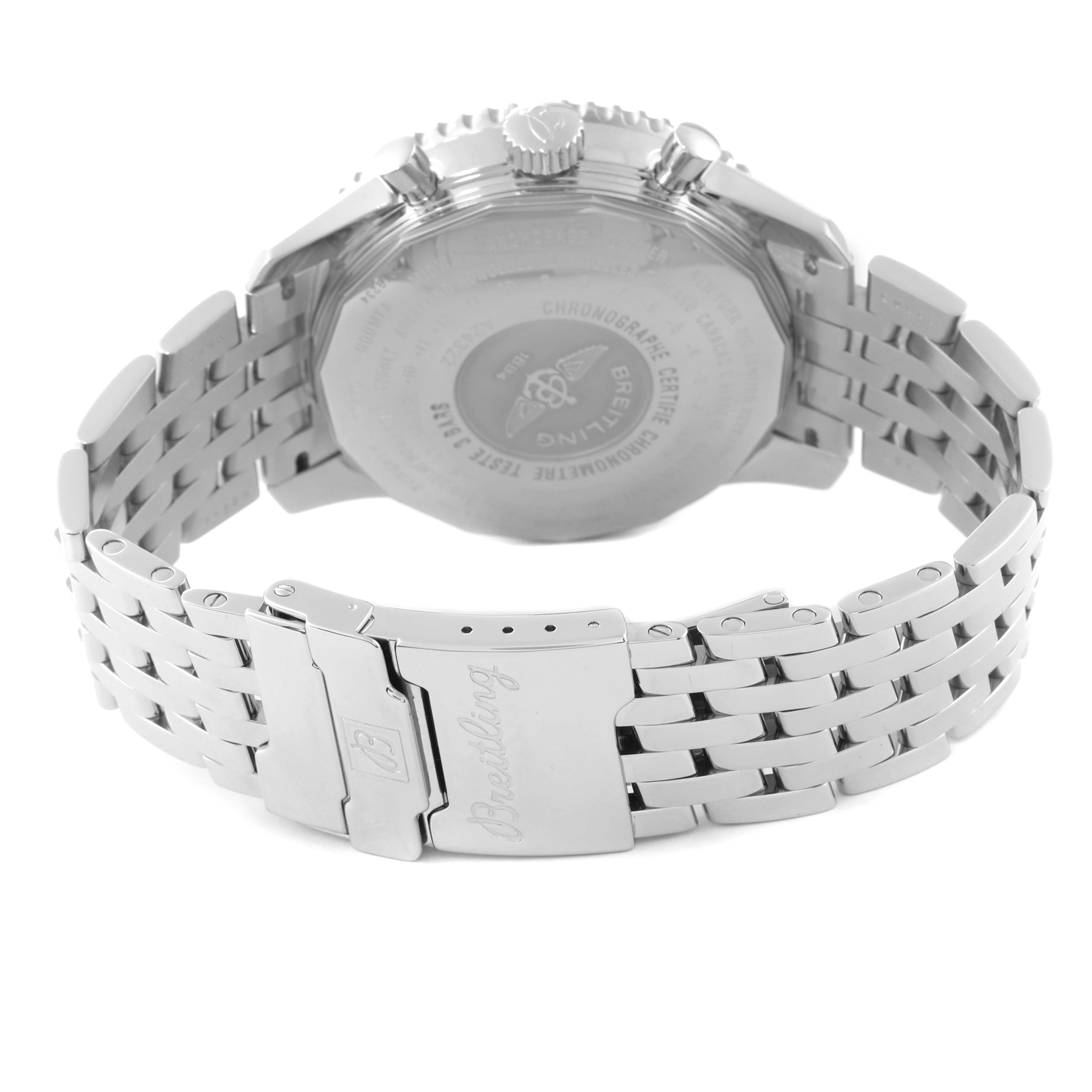 The image shows the back of a Breitling Navitimer A24322 Men
s Stainless Steel Blue Dial A24322 Men
s Stainless Steel Blue Dial watch, focusing on its clasp and bracelet.