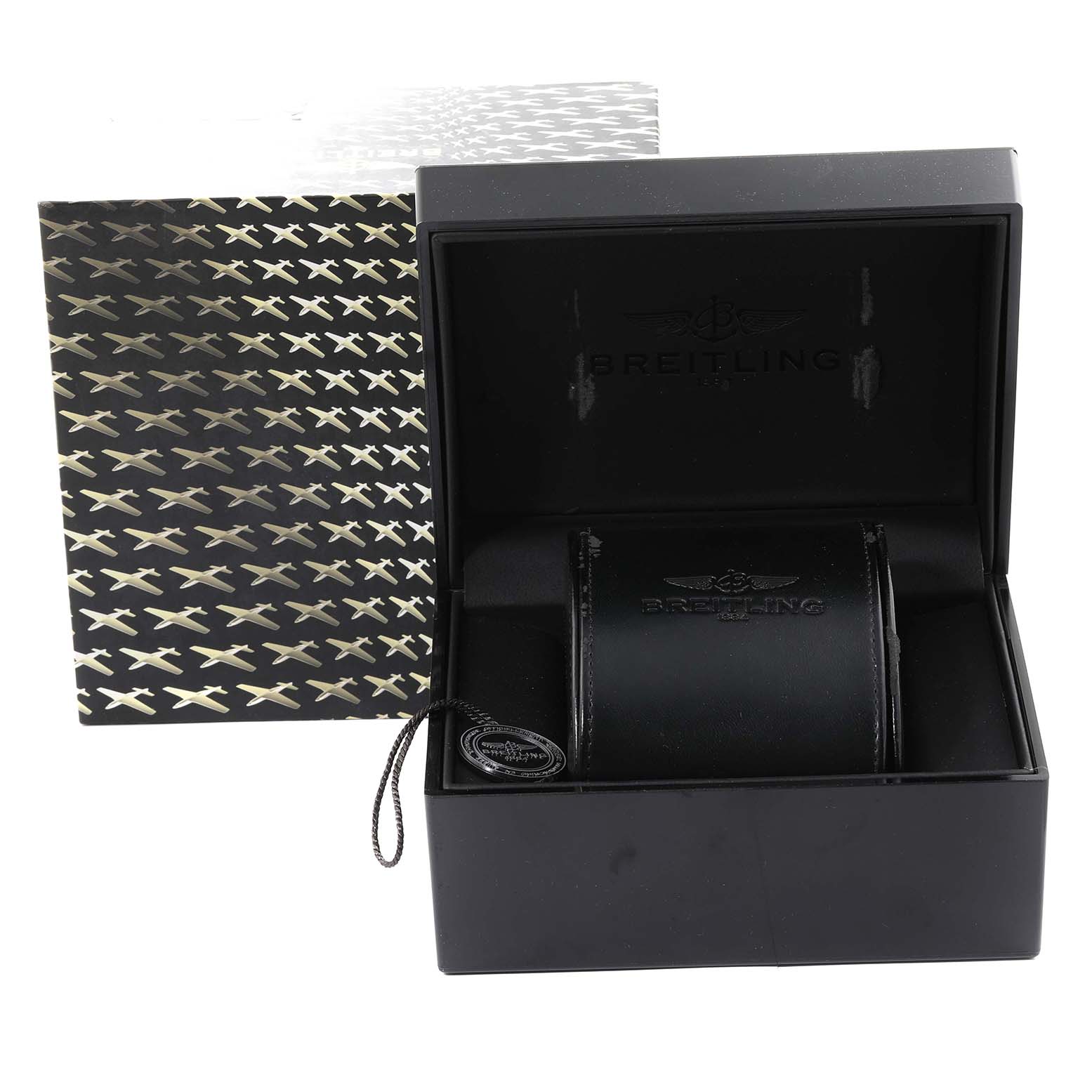 The image shows the packaging box with a branded watch roll for the Breitling Navitimer A24322 Men
s Stainless Steel Blue Dial A24322 Men
s Stainless Steel Blue Dial model.