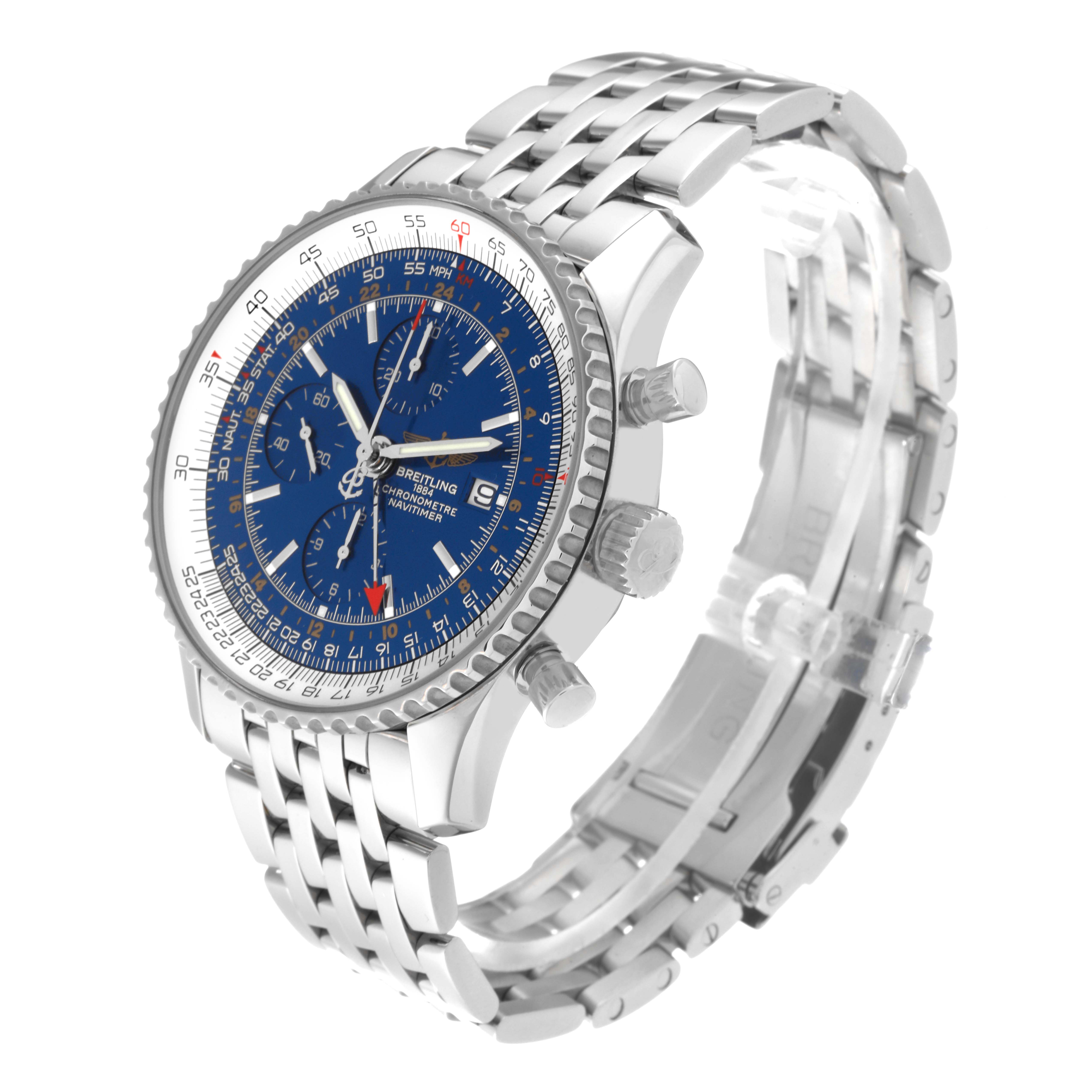 The image shows a side angle view of the Breitling Navitimer A24322 Men
s Stainless Steel Blue Dial A24322 Men
s Stainless Steel Blue Dial watch highlighting its dial, bezel, chronograph buttons, and metal bracelet.