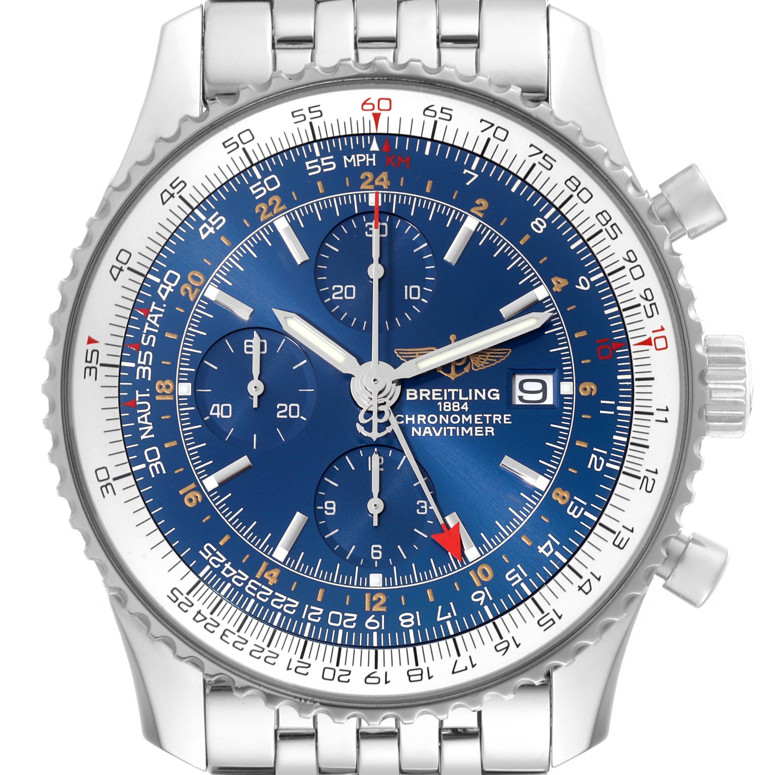 The image shows a front view of the Breitling Navitimer A24322 Men
s Stainless Steel Blue Dial A24322 Men
s Stainless Steel Blue Dial watch, displaying the dial, bezel, and metal bracelet.