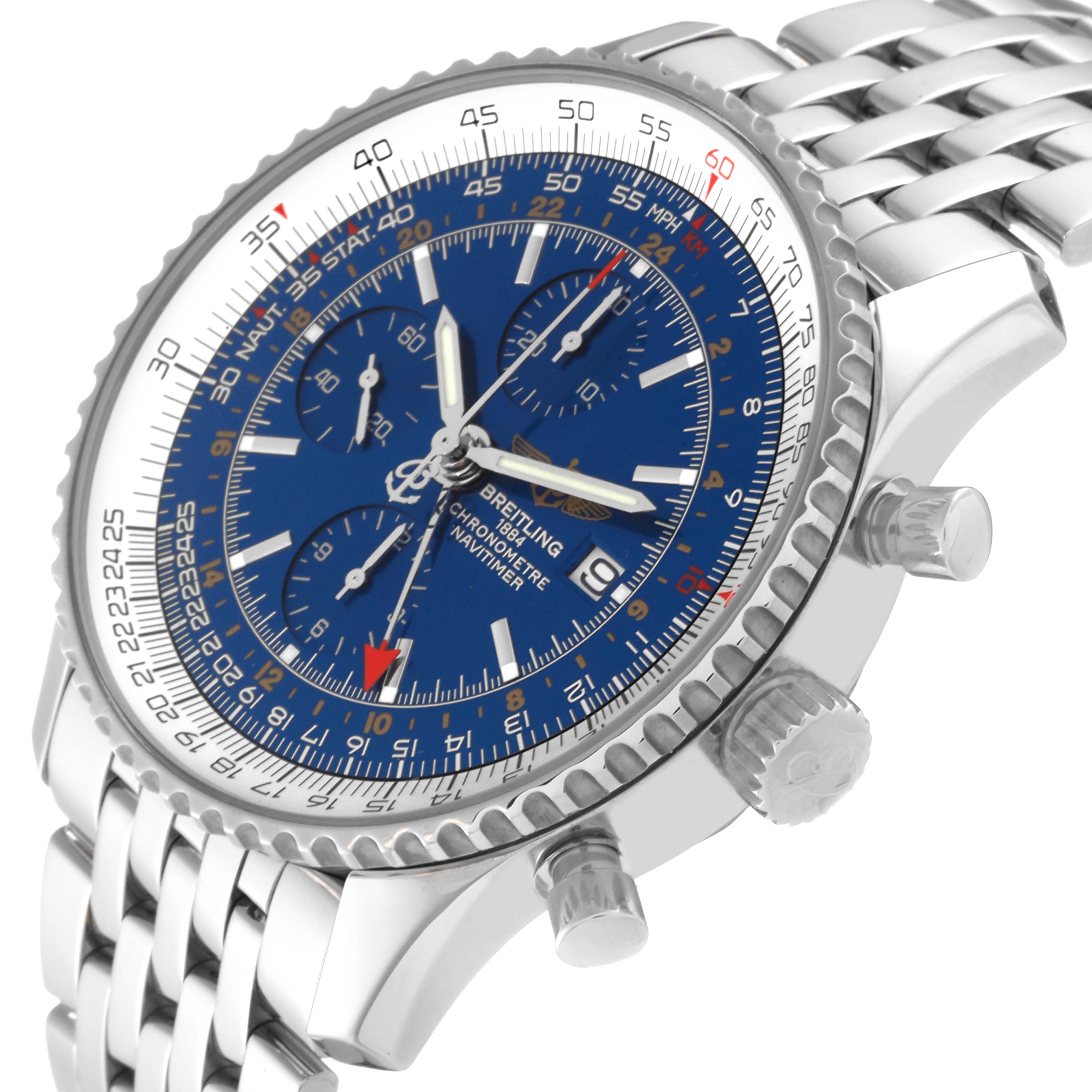 The Breitling Navitimer A24322 Men
s Stainless Steel Blue Dial A24322 Men
s Stainless Steel Blue Dial watch is shown at an angle displaying its blue dial, bezel, chronograph pushers, and bracelet.