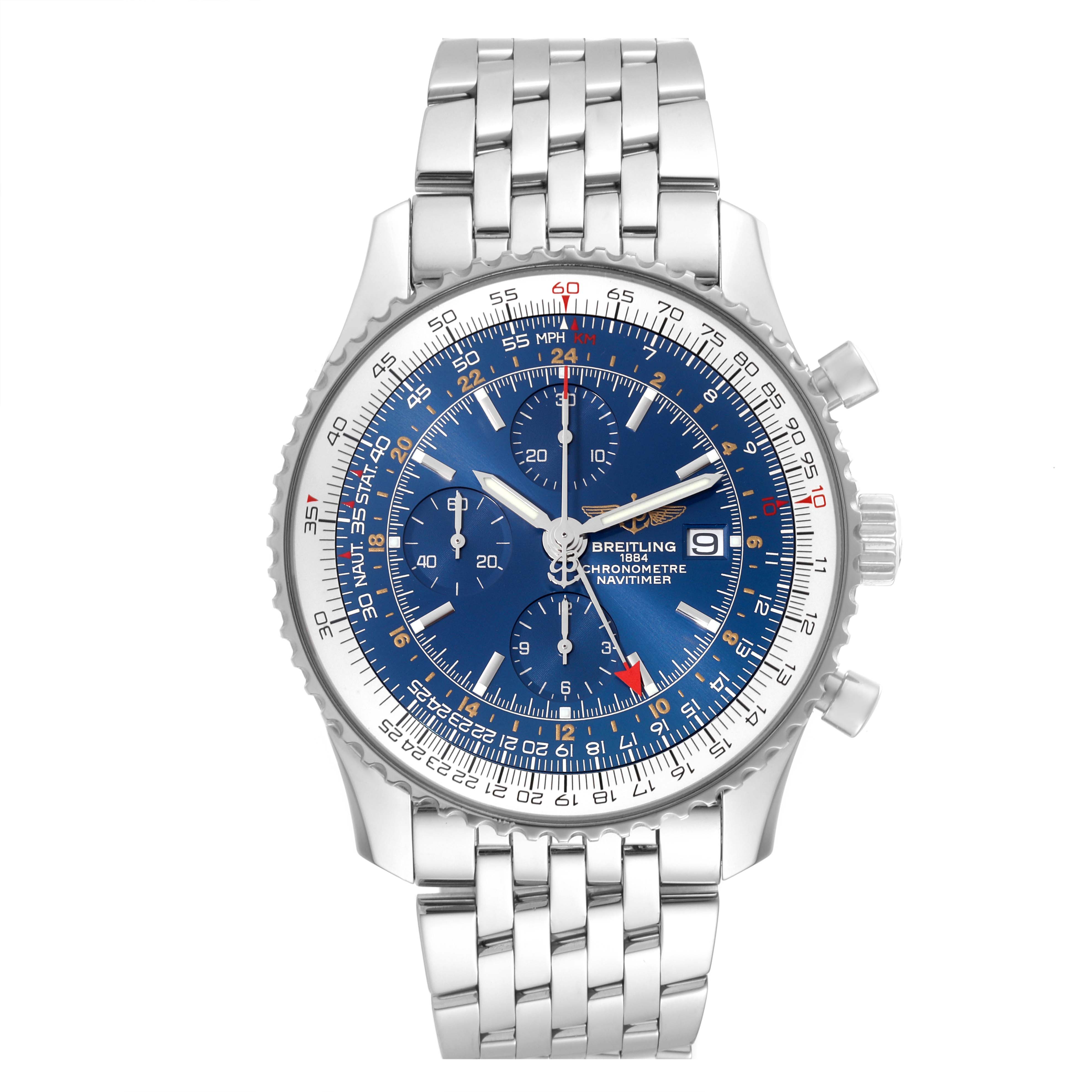 This image shows a front view of a Breitling Navitimer A24322 Men
s Stainless Steel Blue Dial A24322 Men
s Stainless Steel Blue Dial watch, displaying its blue dial, three subdials, and a stainless steel bracelet.