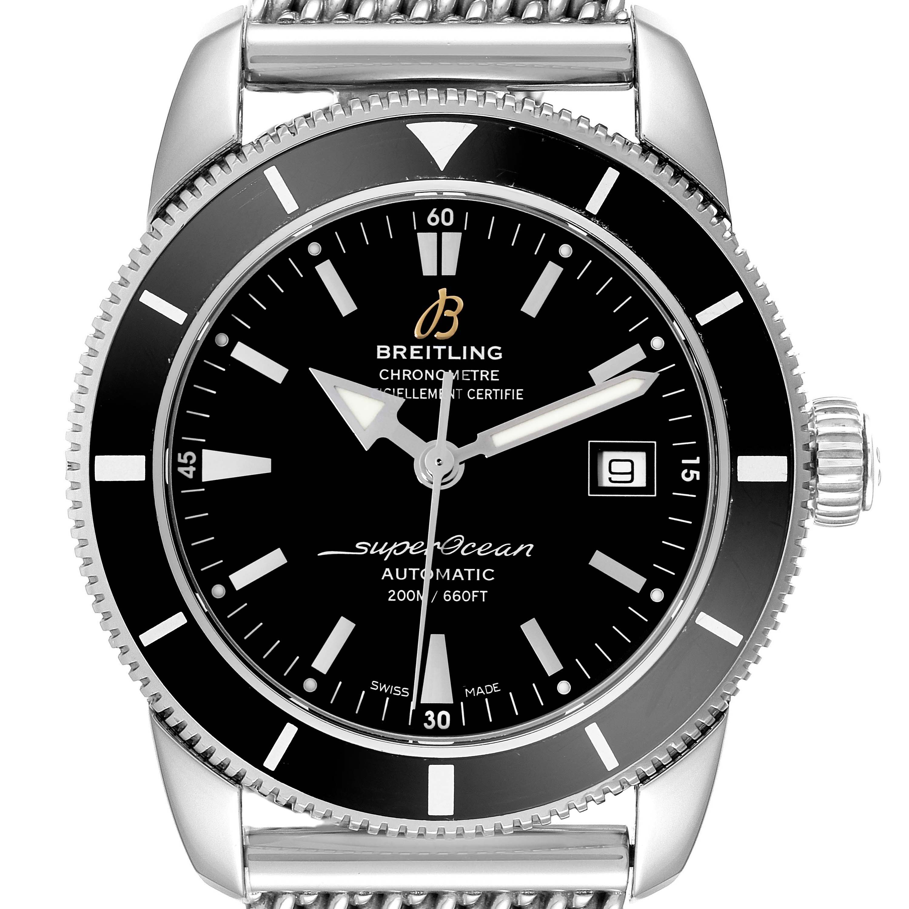 The image shows a front view of the Breitling Superocean A17321 Men
s Stainless Steel Black Dial A17321 Men
s Stainless Steel Black Dial watch, highlighting its black dial, date window, and stainless steel case and bezel.