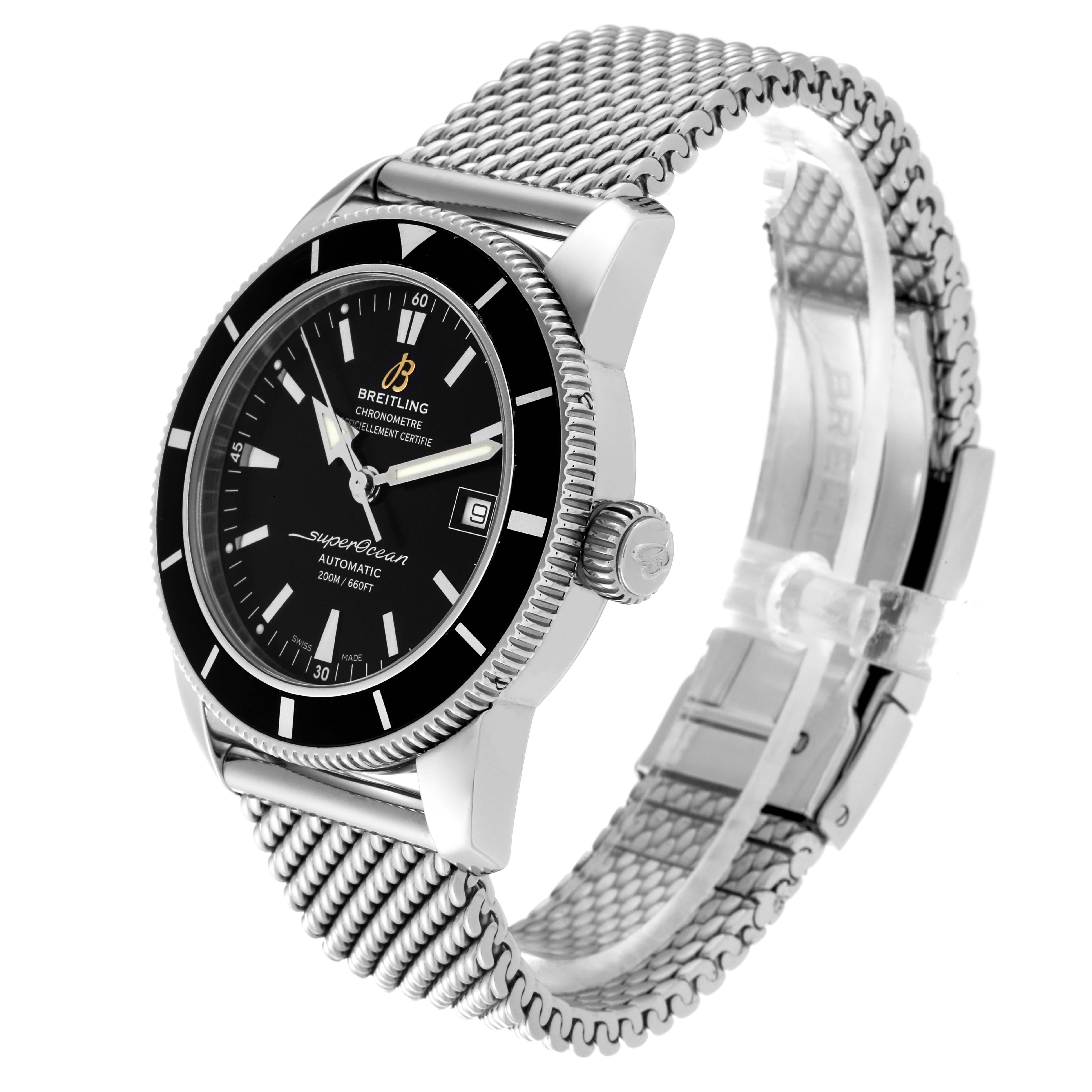 The image shows a Breitling Superocean A17321 Men
s Stainless Steel Black Dial A17321 Men
s Stainless Steel Black Dial watch with a black dial, bezel, and a silver mesh bracelet from a slightly angled side view.