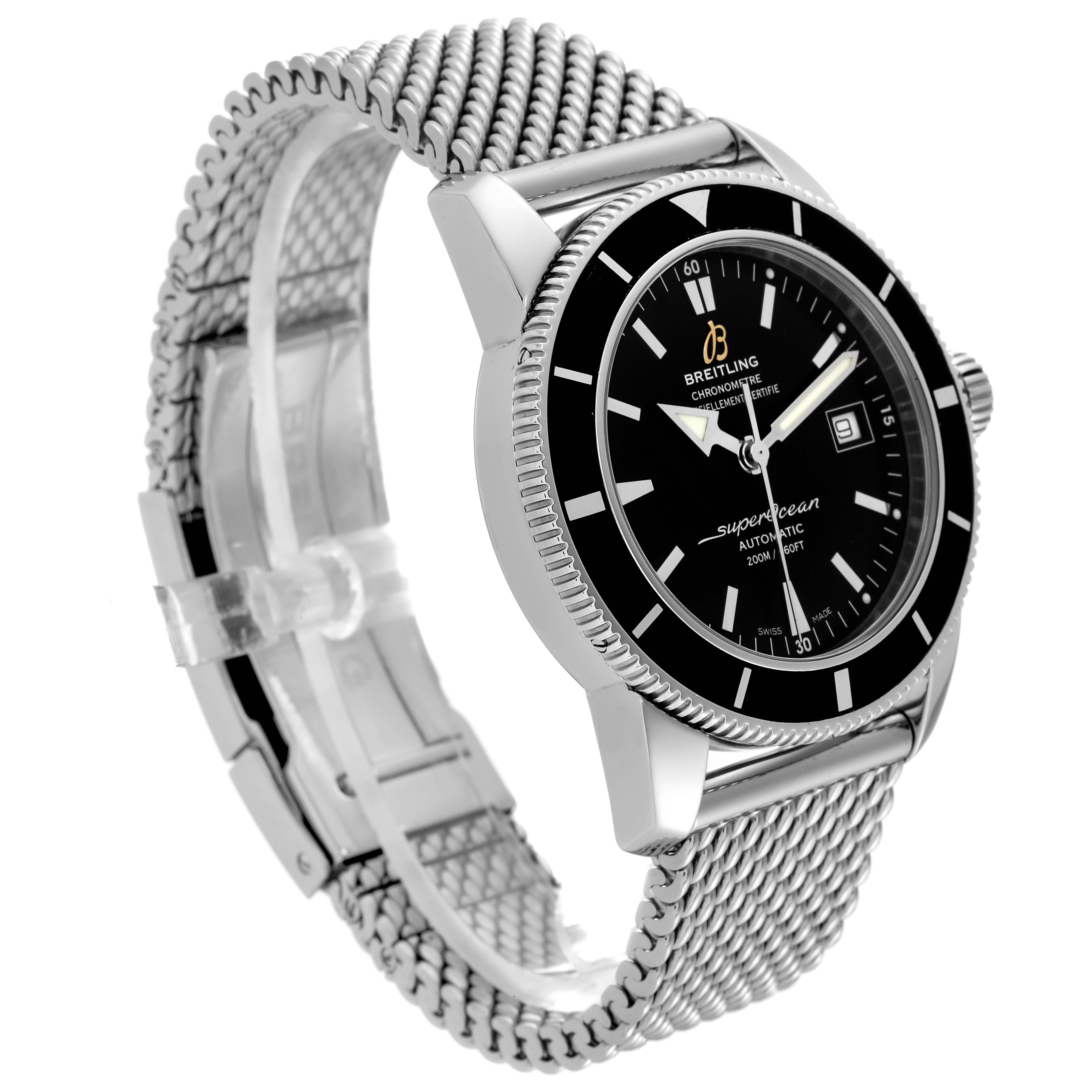 The image shows a side-angle view of the Breitling Superocean A17321 Men
s Stainless Steel Black Dial A17321 Men
s Stainless Steel Black Dial watch, highlighting its face, bezel, and mesh bracelet.