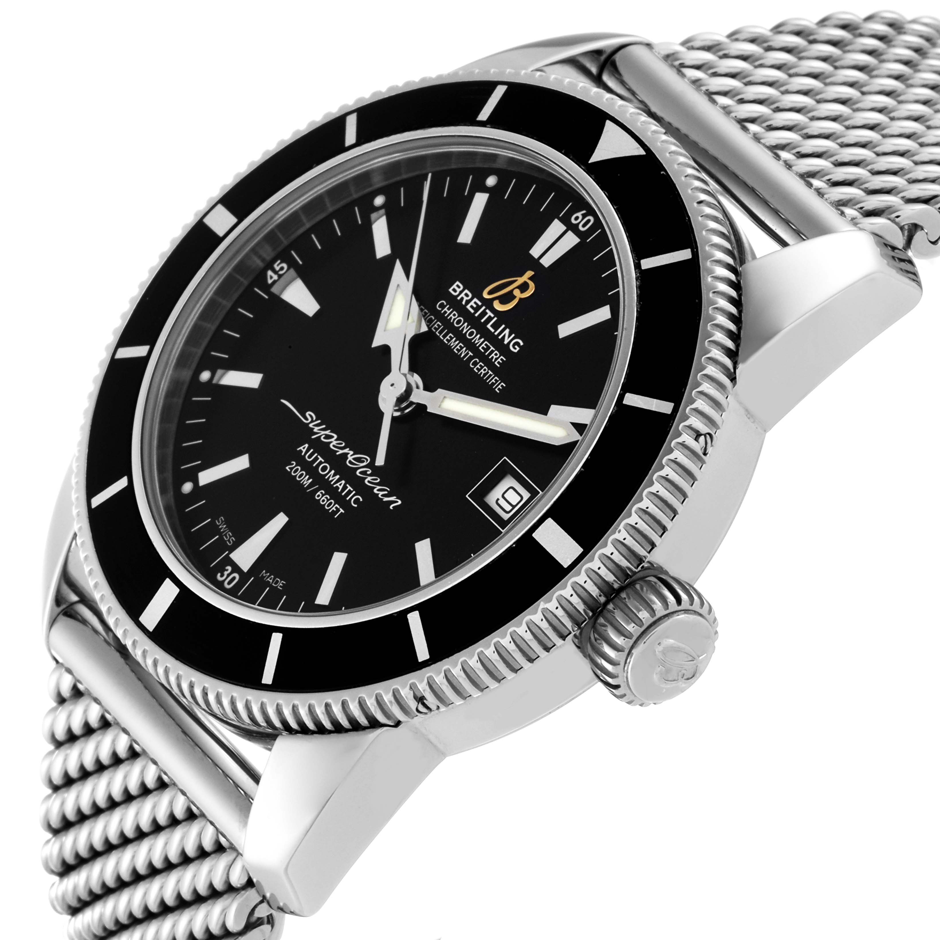 This Breitling Superocean A17321 Men
s Stainless Steel Black Dial A17321 Men
s Stainless Steel Black Dial watch is shown at an angled side view, highlighting the dial, bezel, and mesh bracelet.