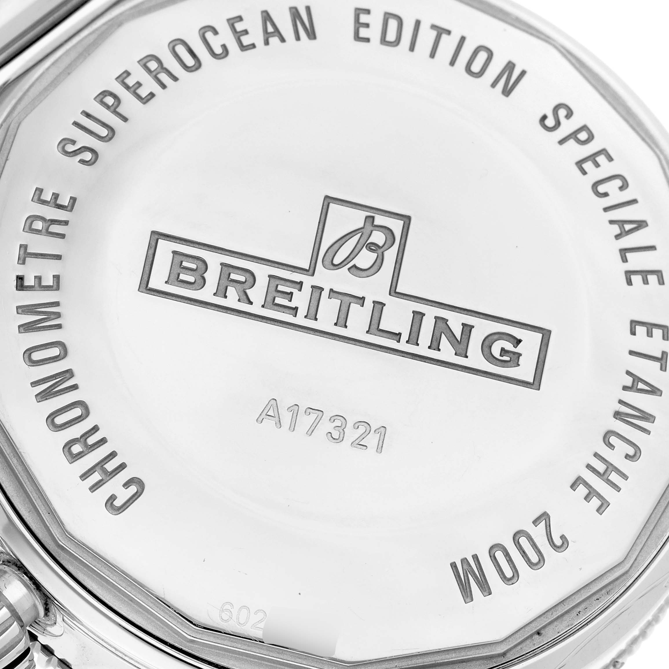 The image shows the back case of a Breitling Superocean A17321 Men
s Stainless Steel Black Dial A17321 Men
s Stainless Steel Black Dial watch, displaying the model number and water resistance details.