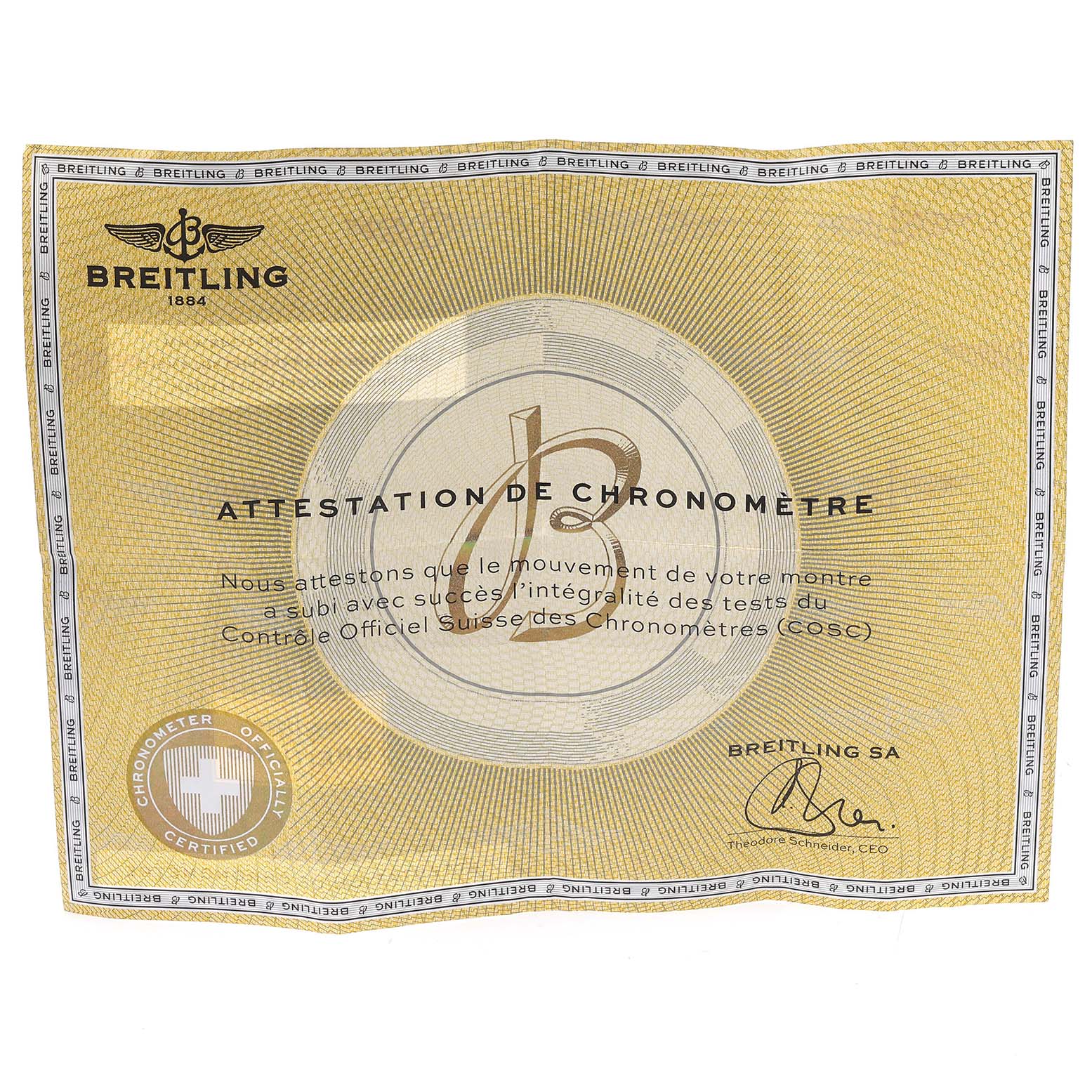 This is the chronometer certification certificate for the Breitling Superocean A17321 Men
s Stainless Steel Black Dial A17321 Men
s Stainless Steel Black Dial watch.