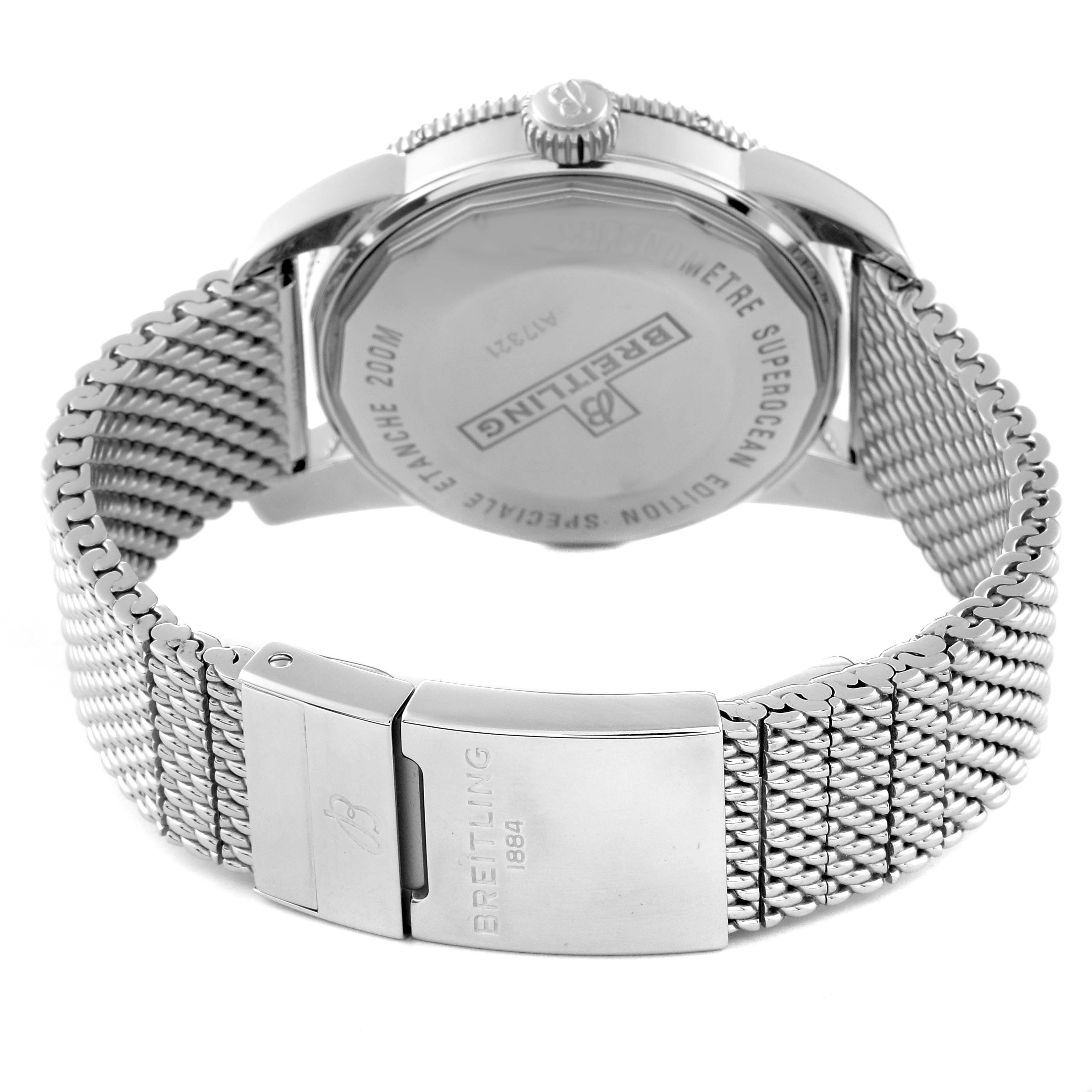 This image shows the back view of a Breitling Superocean A17321 Men
s Stainless Steel Black Dial A17321 Men
s Stainless Steel Black Dial watch, focusing on the case back, crown, and stainless steel mesh bracelet with a clasp.