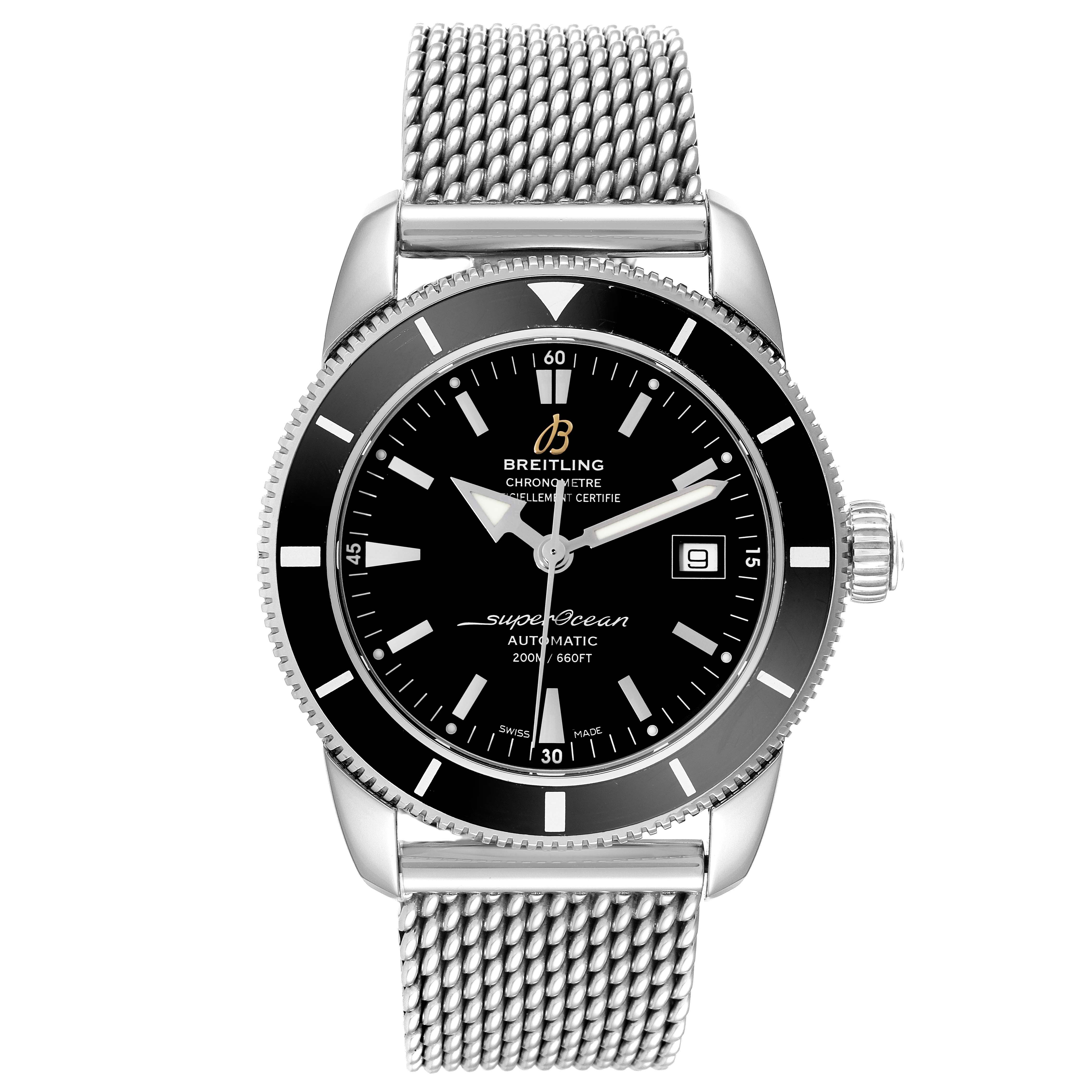 The image shows a Breitling Superocean A17321 Men
s Stainless Steel Black Dial A17321 Men
s Stainless Steel Black Dial watch with a mesh bracelet, bezel, dial, and hands visible from a front angle.