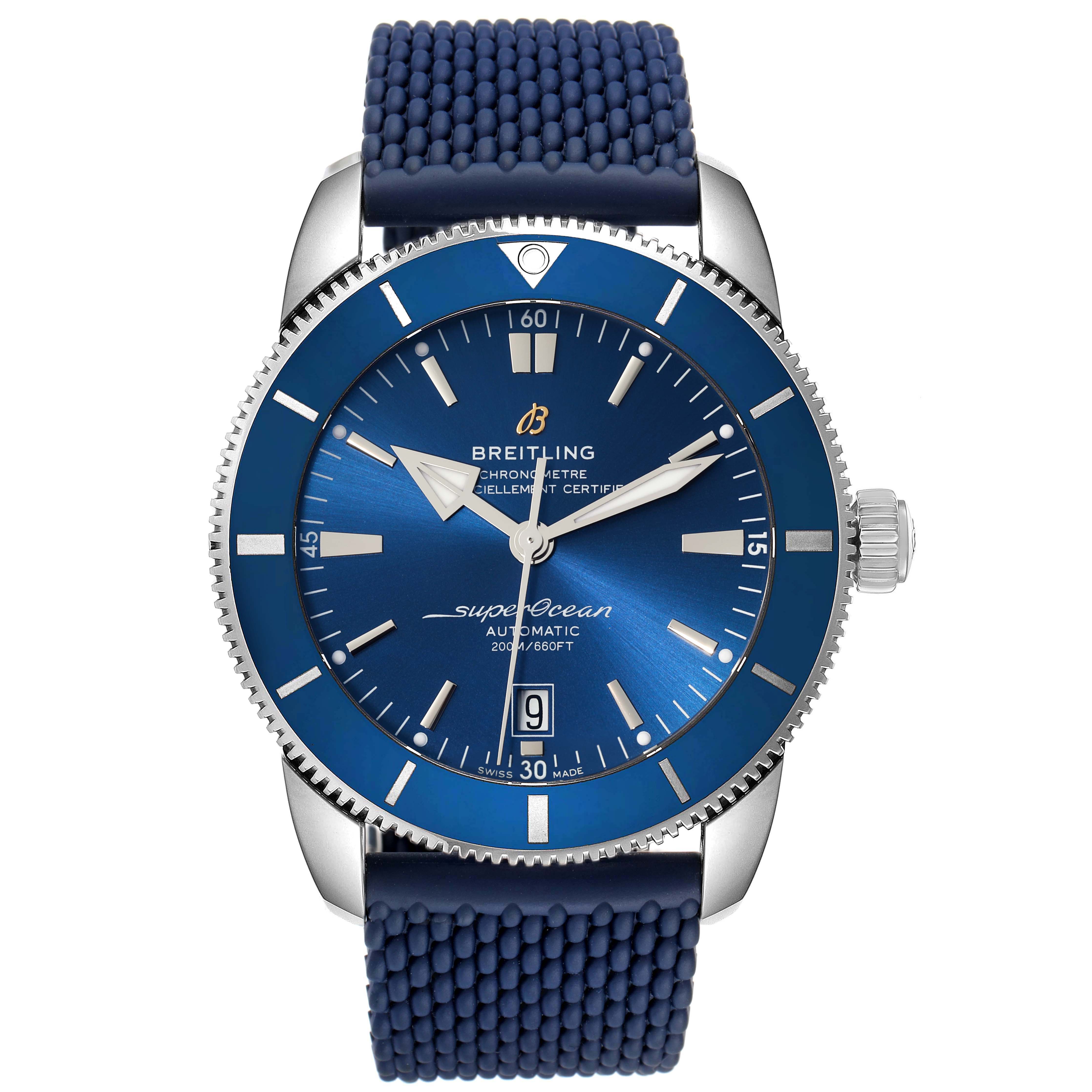 This image shows a front view of the Breitling Superocean AB2020 Men's Stainless Steel Blue Dial AB2020 Men's Stainless Steel Blue Dial watch, displaying its blue dial, bezel, and strap.