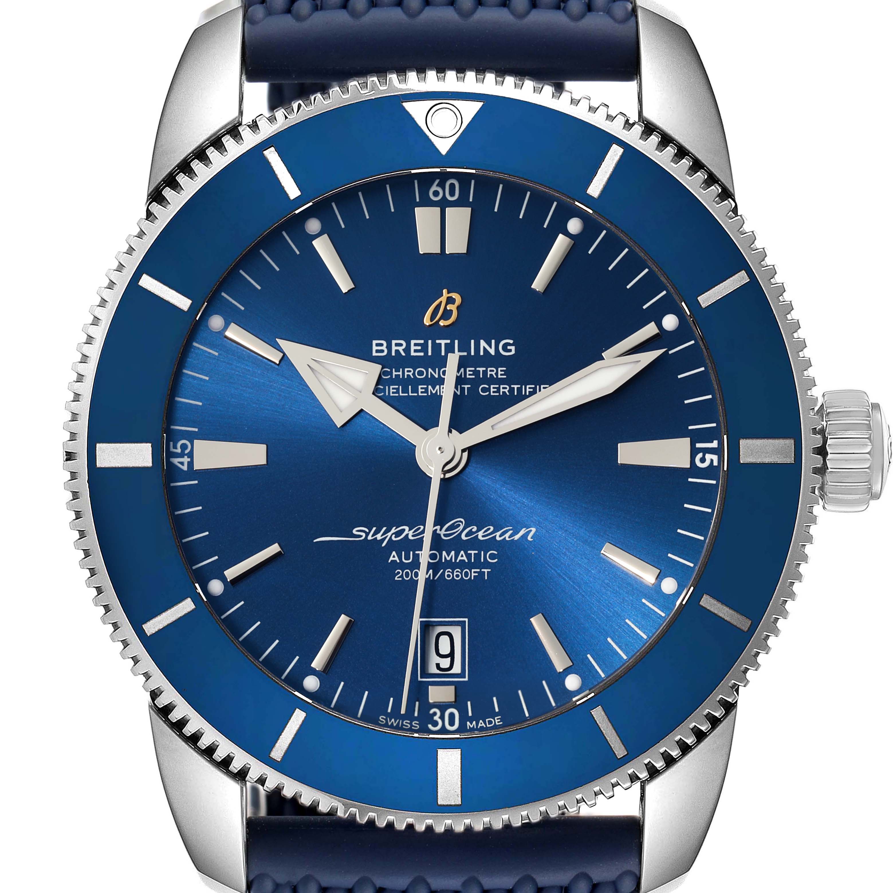The image shows a front view of the Breitling Superocean AB2020 Men's Stainless Steel Blue Dial AB2020 Men's Stainless Steel Blue Dial watch, highlighting its blue dial, bezel, hands, markers, and crown.