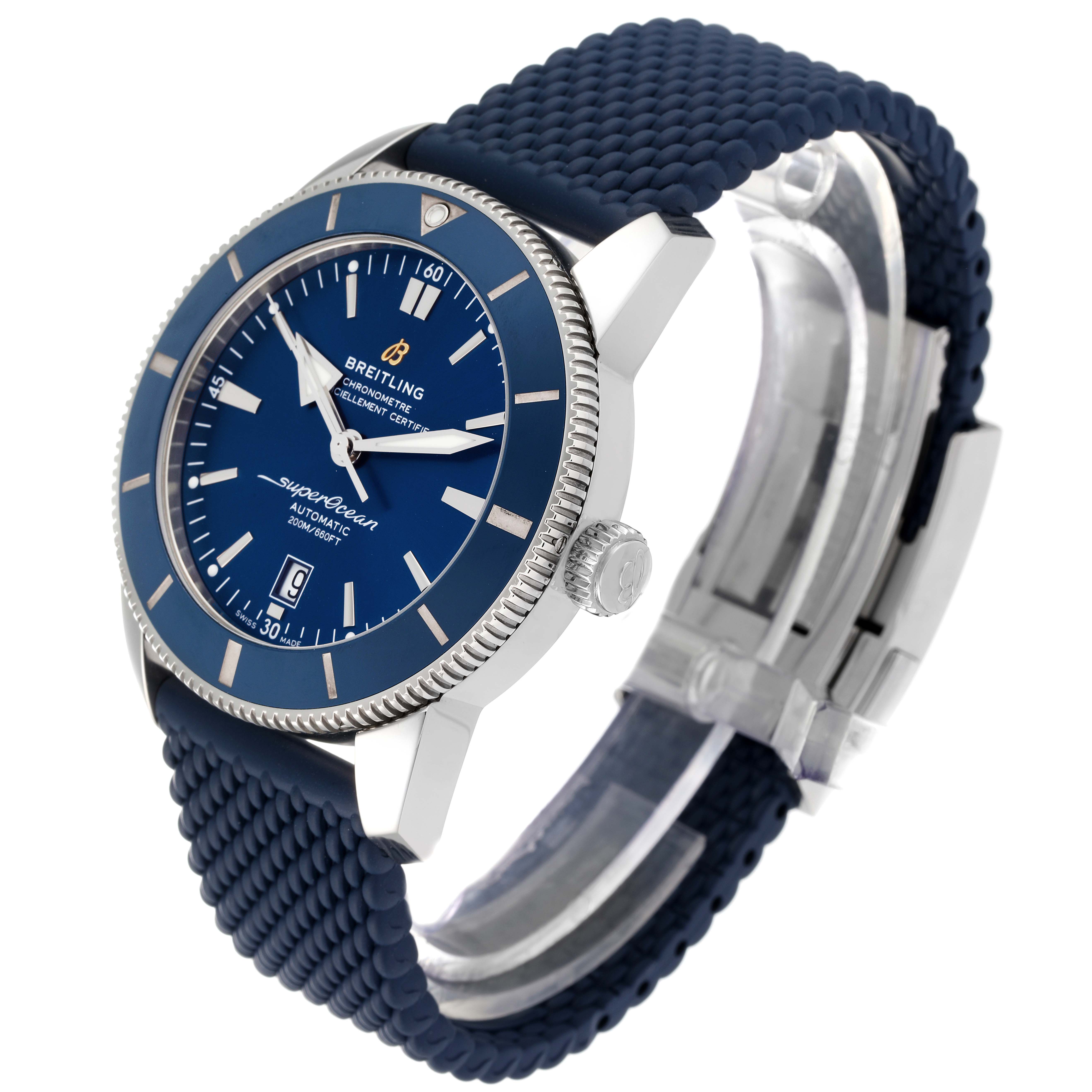 This image shows a Breitling Superocean AB2020 Men's Stainless Steel Blue Dial AB2020 Men's Stainless Steel Blue Dial watch angled from the side, displaying its face, bezel, crown, and textured strap.
