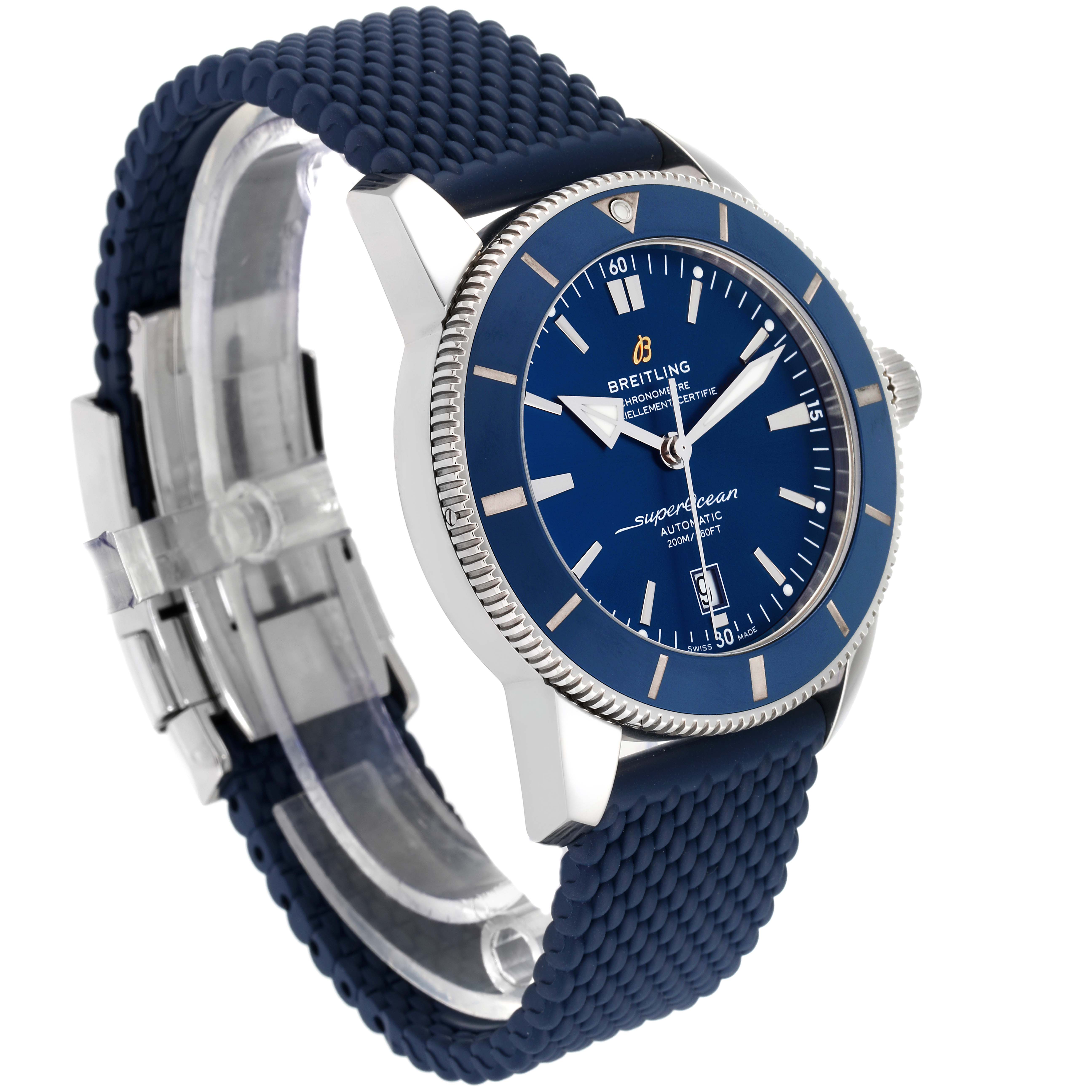 This Breitling Superocean AB2020 Men's Stainless Steel Blue Dial AB2020 Men's Stainless Steel Blue Dial watch is shown at a three-quarter angle, highlighting its blue dial and strap, along with the crown and date window.