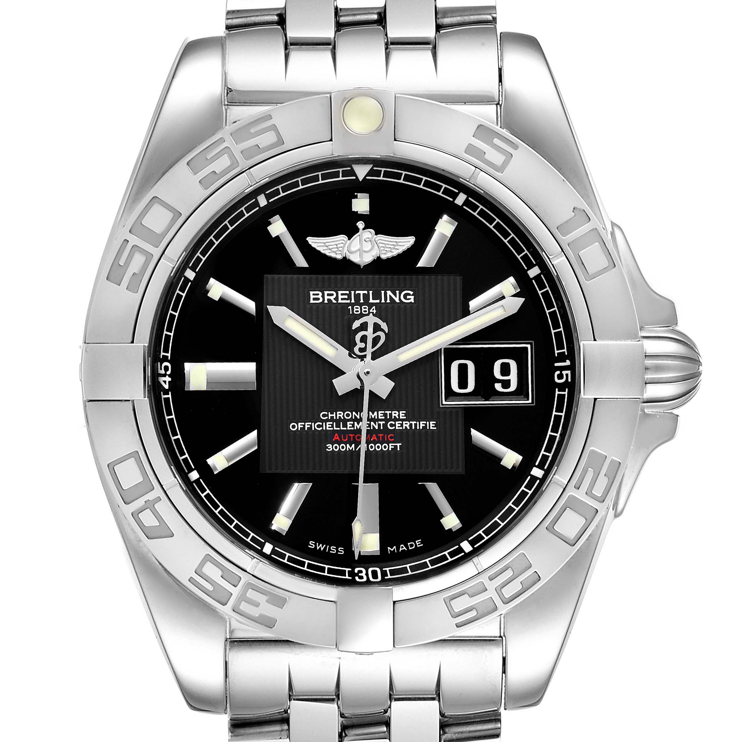 This top-down view shows the face, bezel, and part of the bracelet of the Breitling Windrider A49350 Men's Stainless Steel Black Dial A49350 Men's Stainless Steel Black Dial watch.