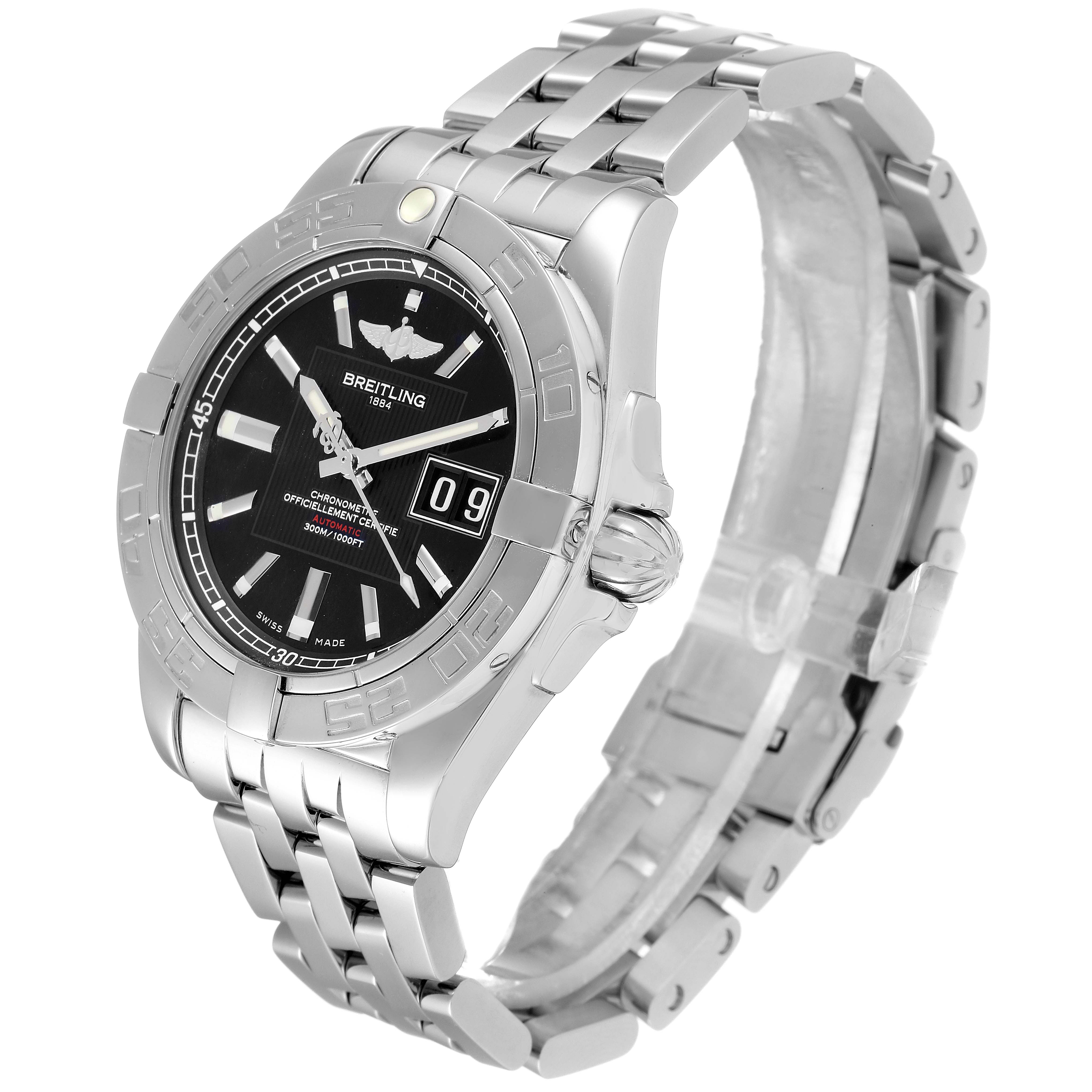 The Breitling Windrider A49350 Men's Stainless Steel Black Dial A49350 Men's Stainless Steel Black Dial watch is shown at an angle displaying the face, crown, case, and band.
