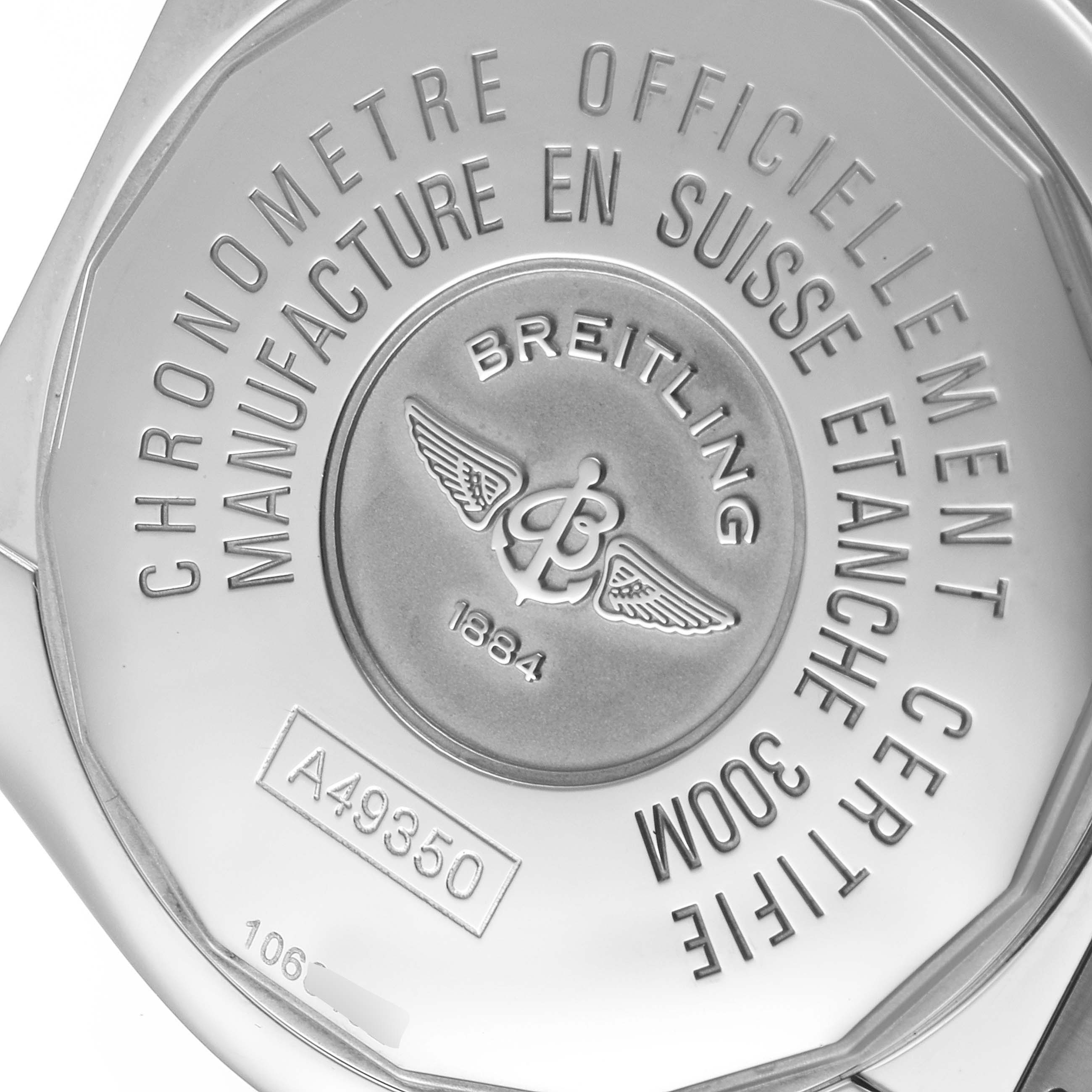 This is an image of the back case of a Breitling Windrider A49350 Men's Stainless Steel Black Dial A49350 Men's Stainless Steel Black Dial watch, showing model details and engraving.