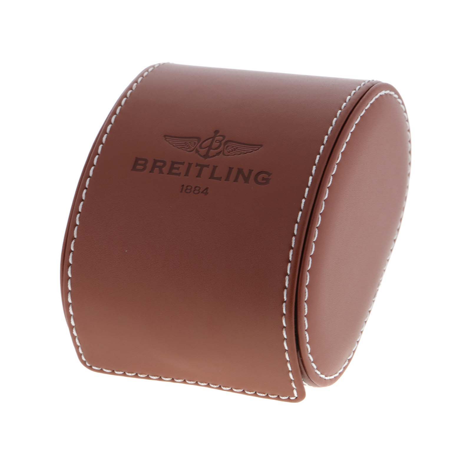 The image shows a brown leather case with white stitching for Breitling Windrider A49350 Men's Stainless Steel Black Dial A49350 Men's Stainless Steel Black Dial watch, viewed from a slight side angle.