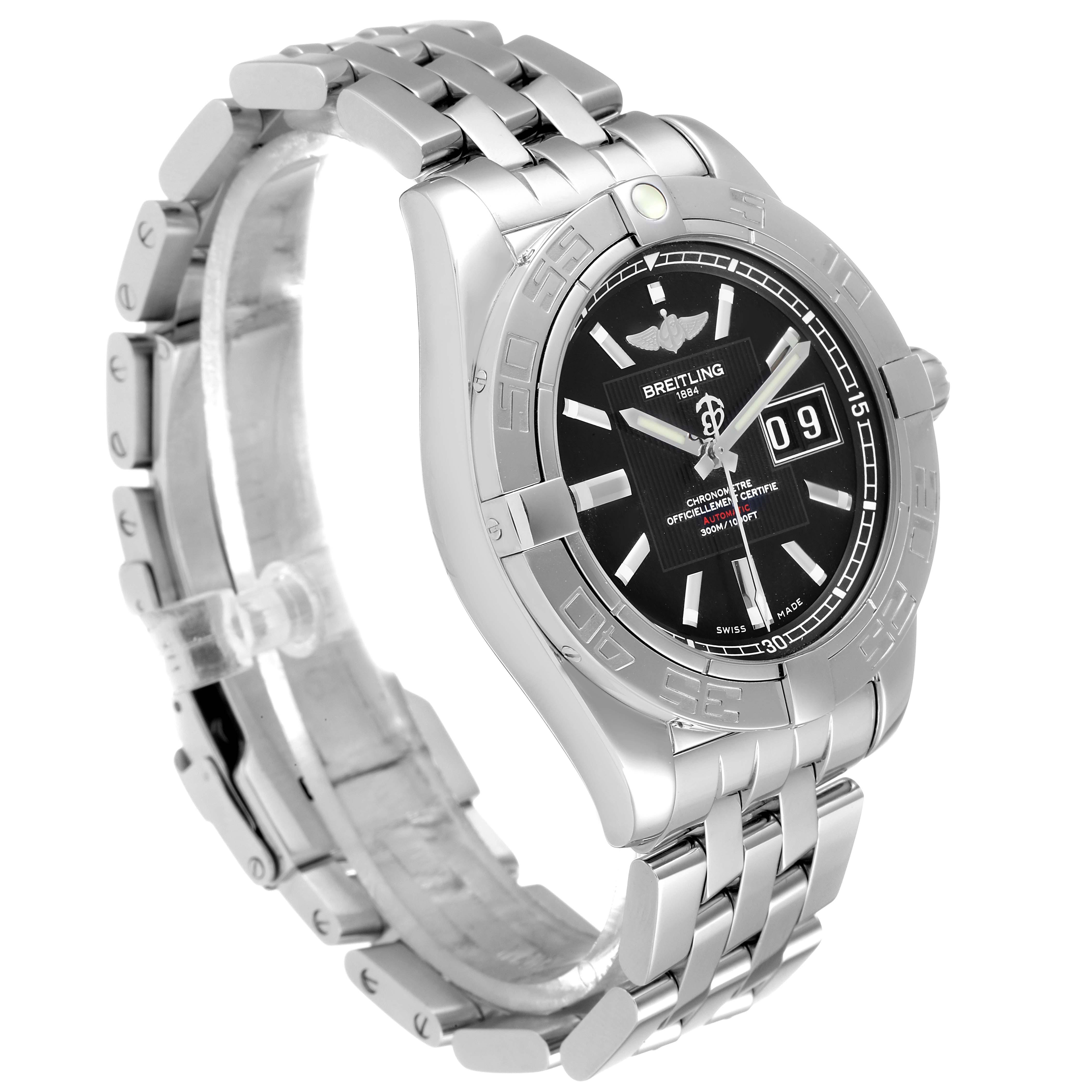 The Breitling Windrider A49350 Men's Stainless Steel Black Dial A49350 Men's Stainless Steel Black Dial watch is shown at a slight side angle, highlighting the silver bracelet, black dial, and bezel detailing.