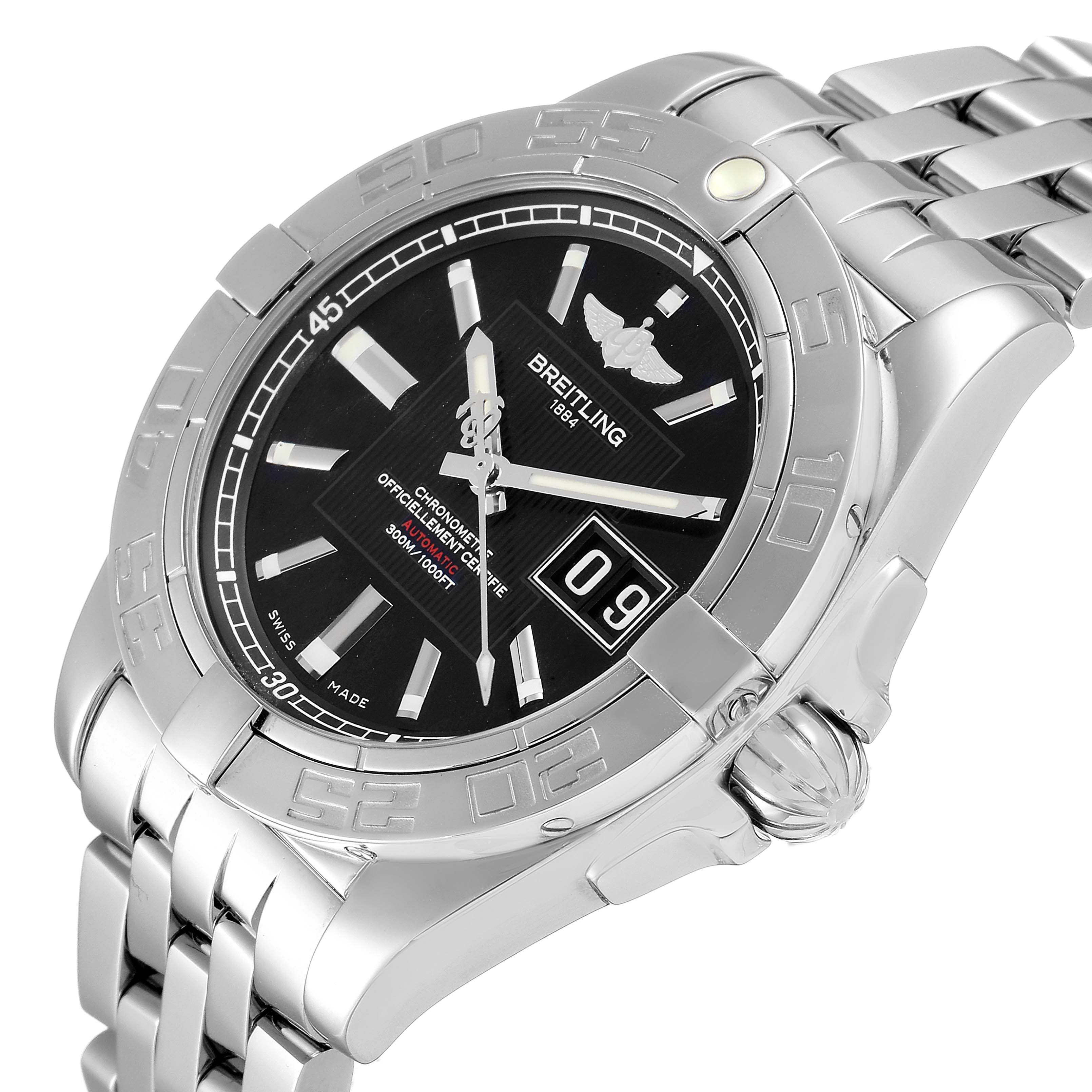 The image shows a Breitling Windrider A49350 Men's Stainless Steel Black Dial A49350 Men's Stainless Steel Black Dial watch at a slight angle, highlighting its black dial, silver bezel, and metal bracelet.