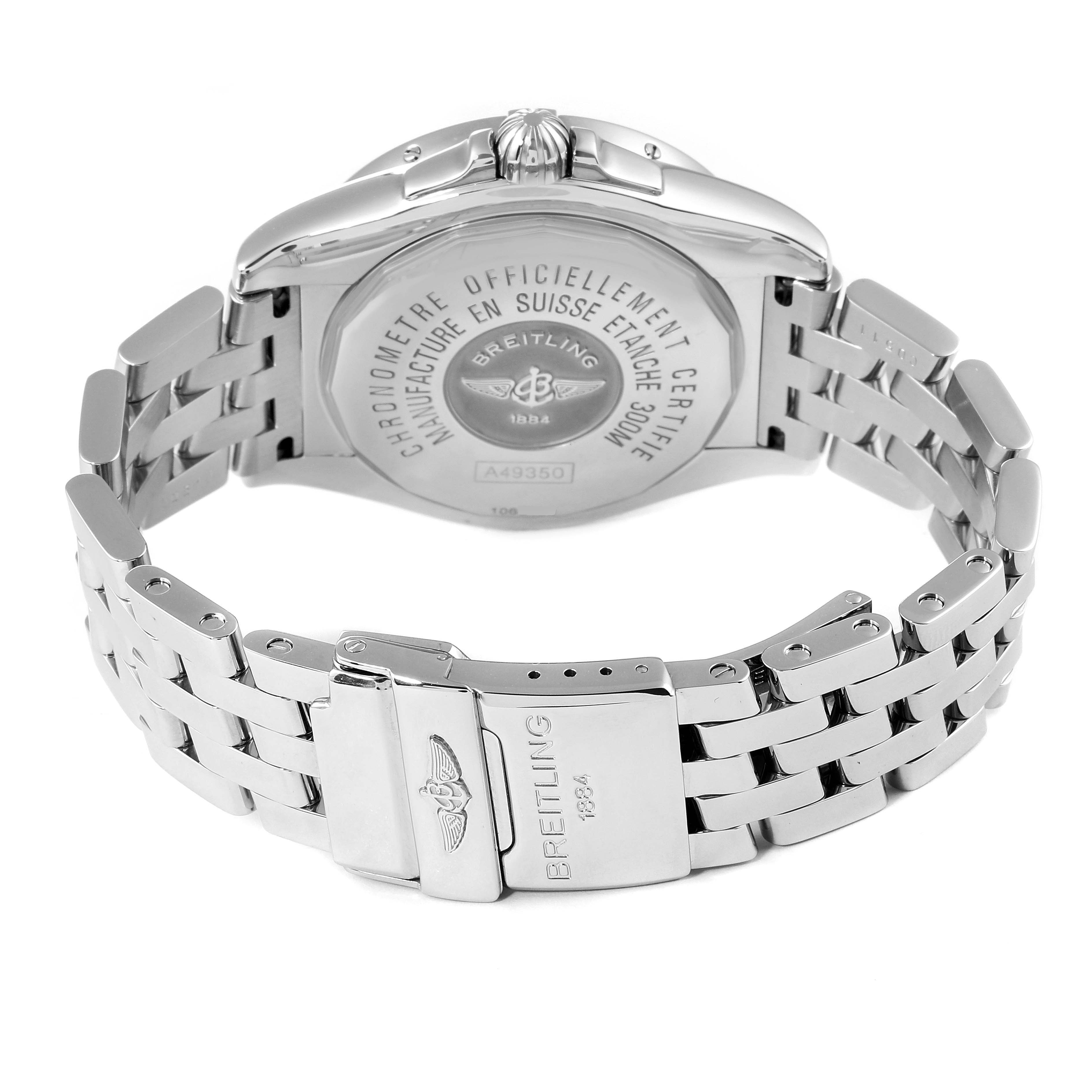 This image shows the backside and bracelet of the Breitling Windrider A49350 Men's Stainless Steel Black Dial A49350 Men's Stainless Steel Black Dial watch, highlighting the clasp and engraved case back.
