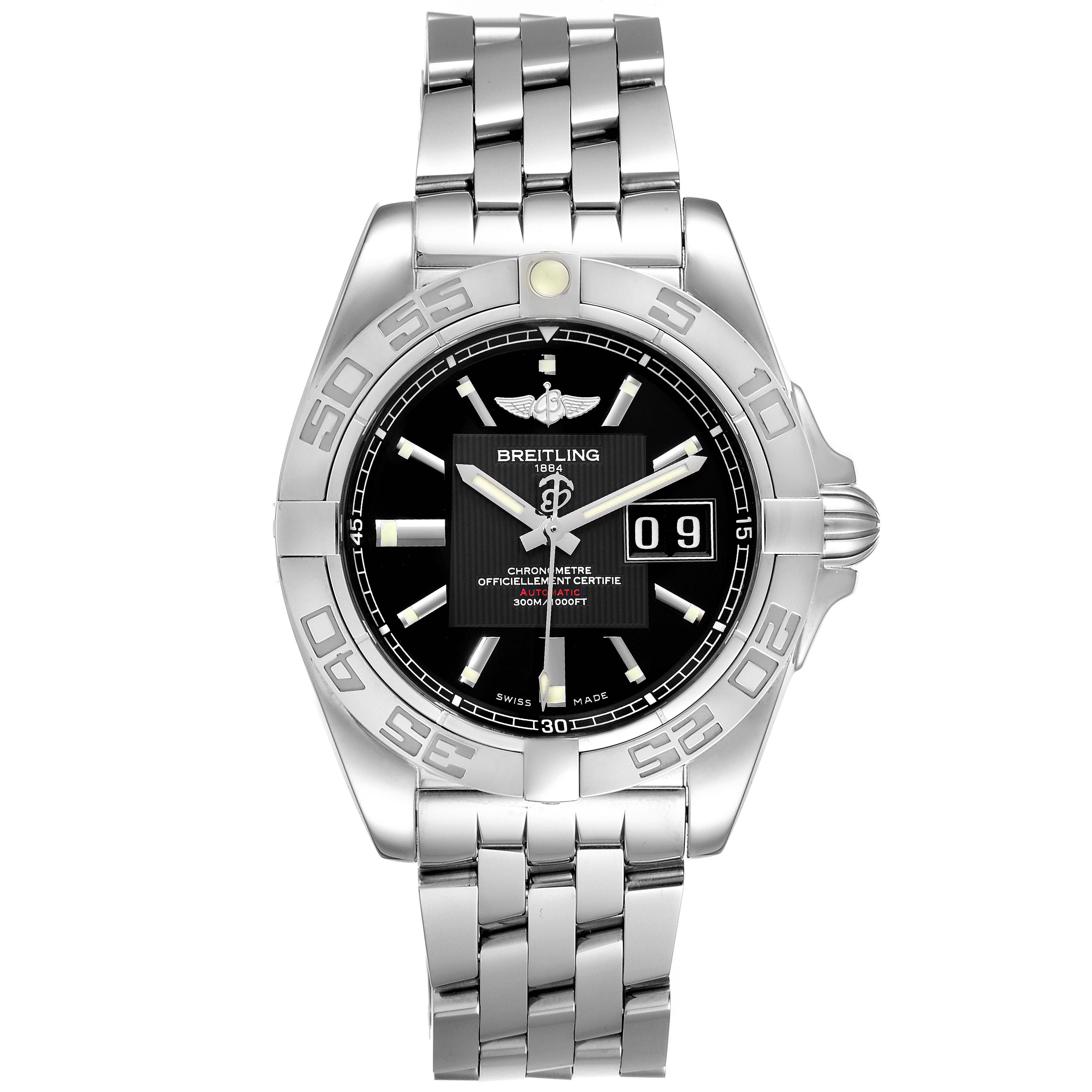 The image shows a frontal view of the Breitling Windrider A49350 Men's Stainless Steel Black Dial A49350 Men's Stainless Steel Black Dial watch, highlighting its face, bezel, and metal bracelet.