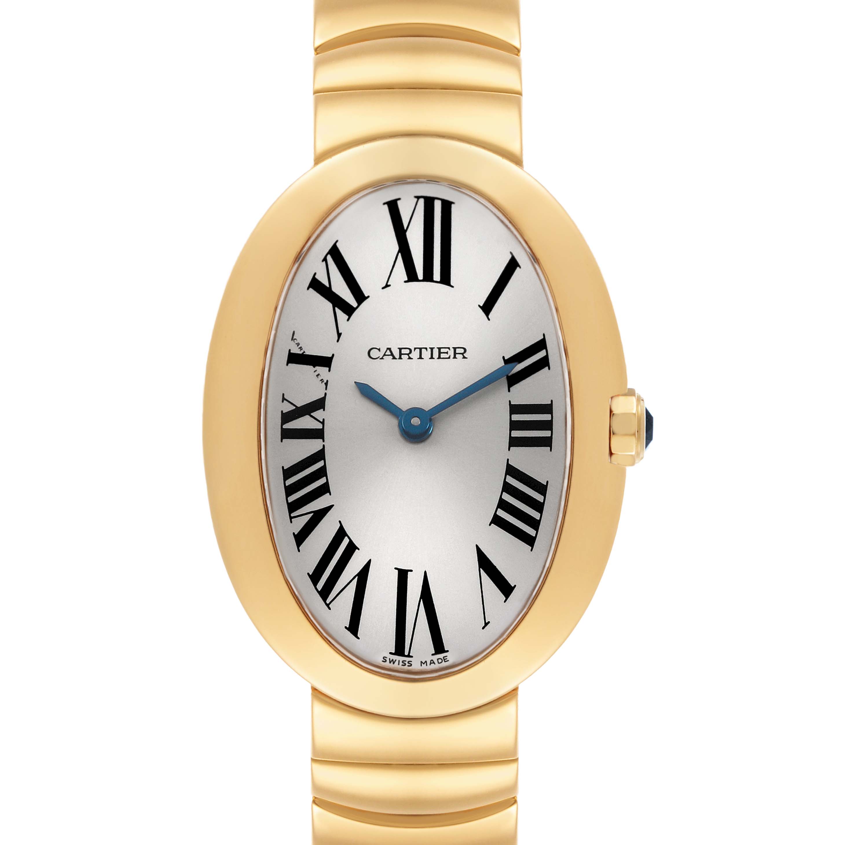 The Cartier Baignoire W8000008 Women's Yellow Gold Silver Dial watch is shown from a front view, highlighting the oval case, Roman numerals, and blue hands.