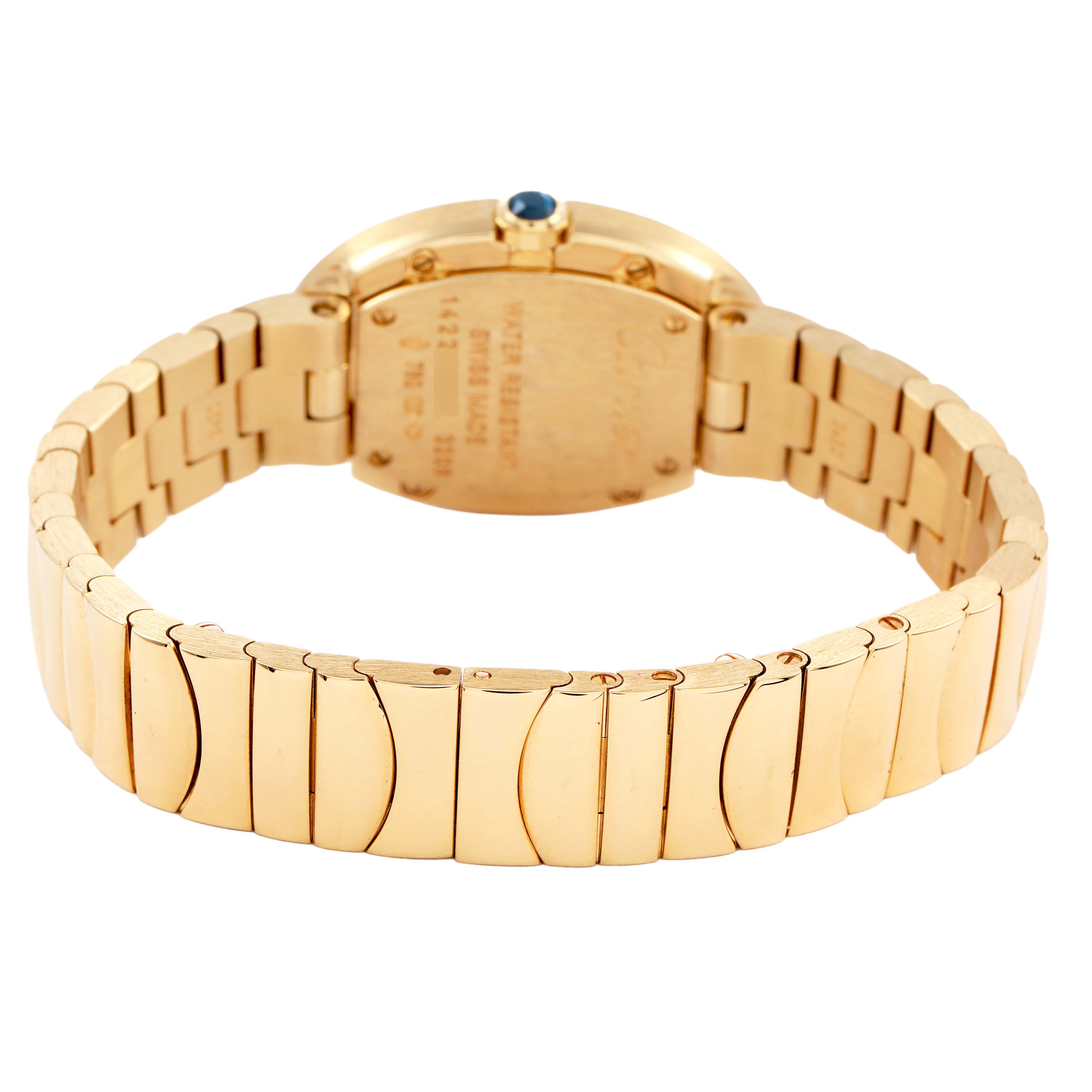 The Cartier Baignoire W8000008 Women's Yellow Gold Silver Dial watch is shown from the back, highlighting the case back, bracelet, and crown.