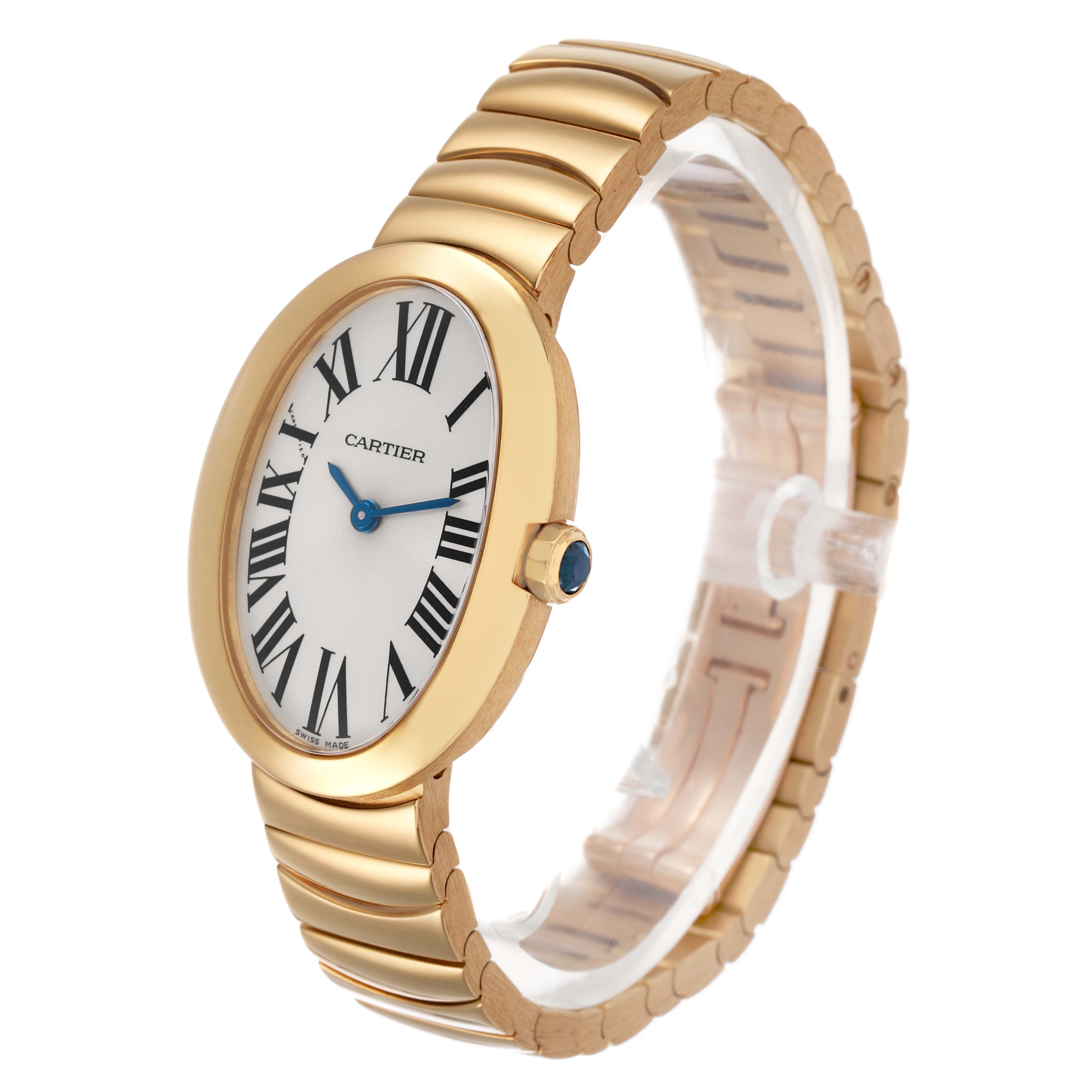 The Cartier Baignoire W8000008 Women's Yellow Gold Silver Dial watch is shown at a three-quarter angle, highlighting the dial, case, crown, and bracelet.