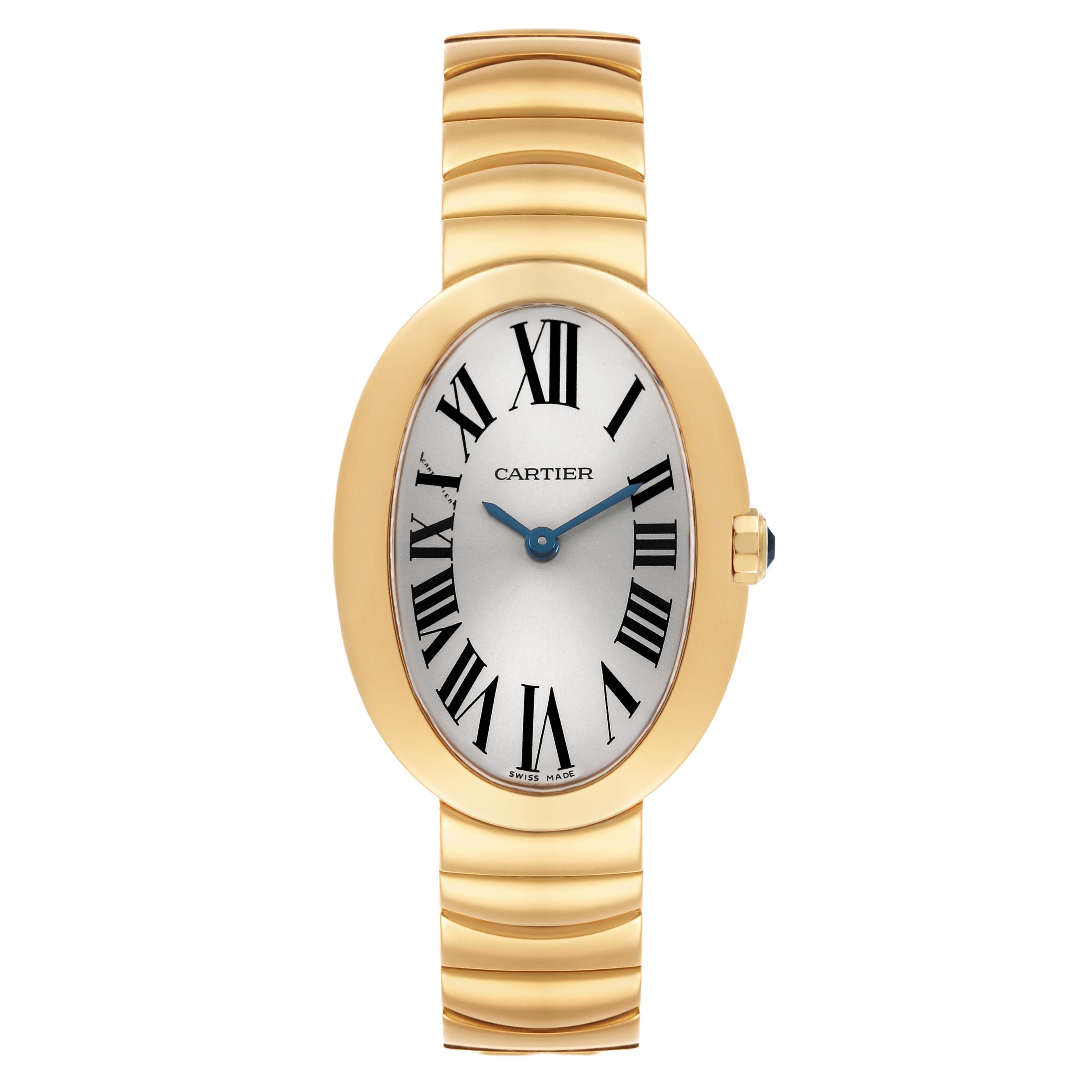 The Cartier Baignoire W8000008 Women's Yellow Gold Silver Dial watch is shown from a top view, displaying its oval face, Roman numerals, and gold bracelet.