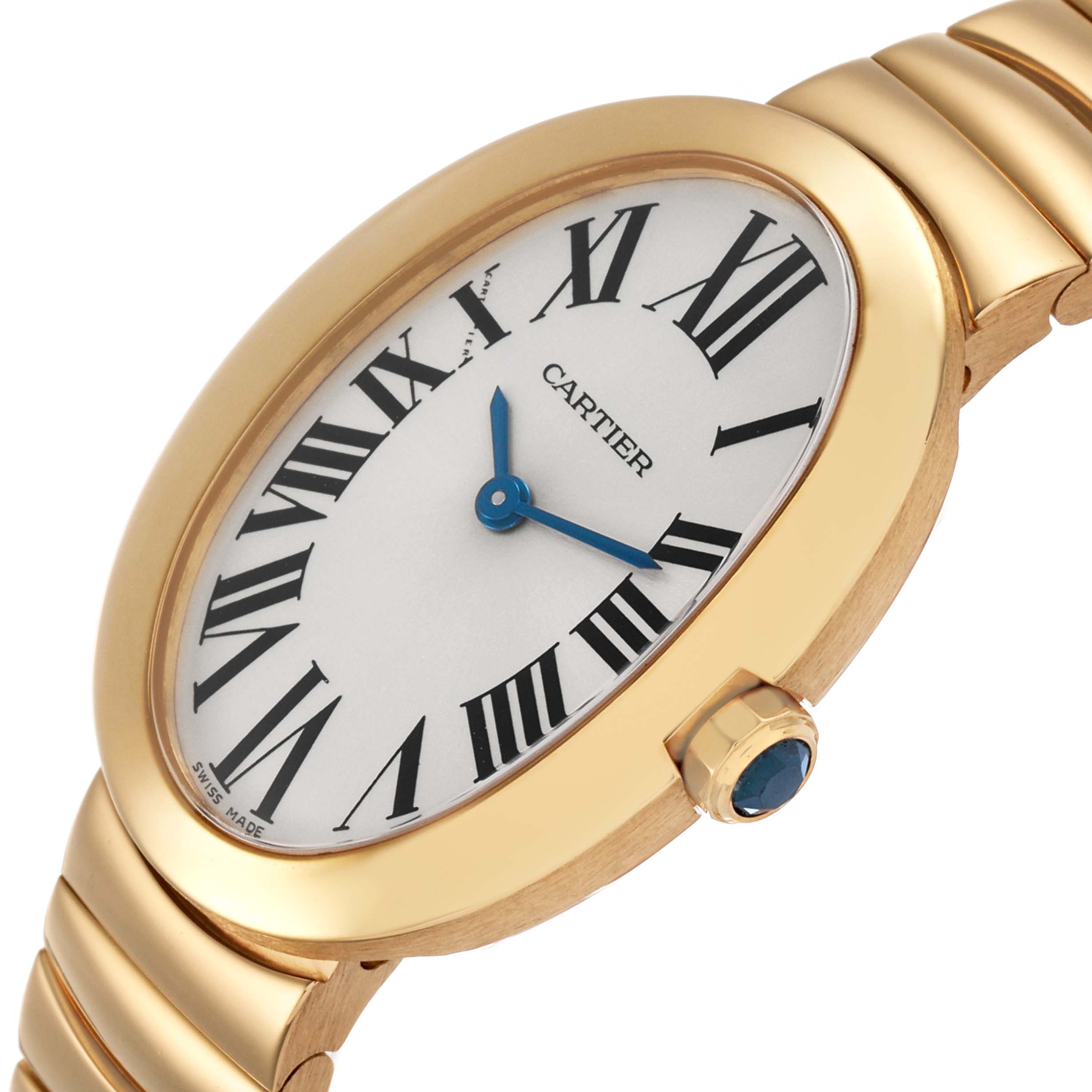 The image shows a close-up of the Cartier Baignoire W8000008 Women's Yellow Gold Silver Dial watch, highlighting its oval face, Roman numerals, and blue hands from a side angle.