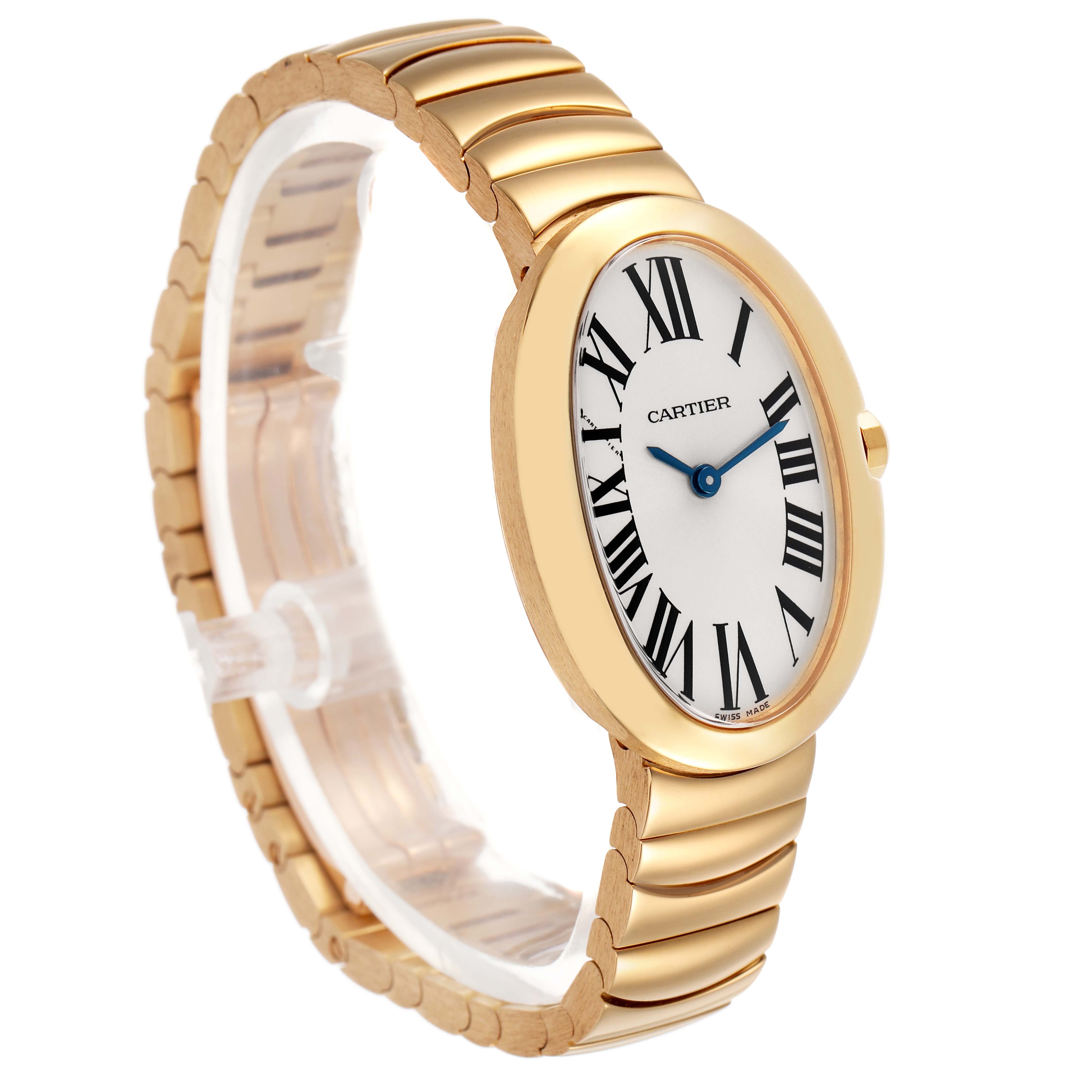 The Cartier Baignoire W8000008 Women's Yellow Gold Silver Dial watch is shown from a side view, displaying its oval face, Roman numerals, and gold bracelet.