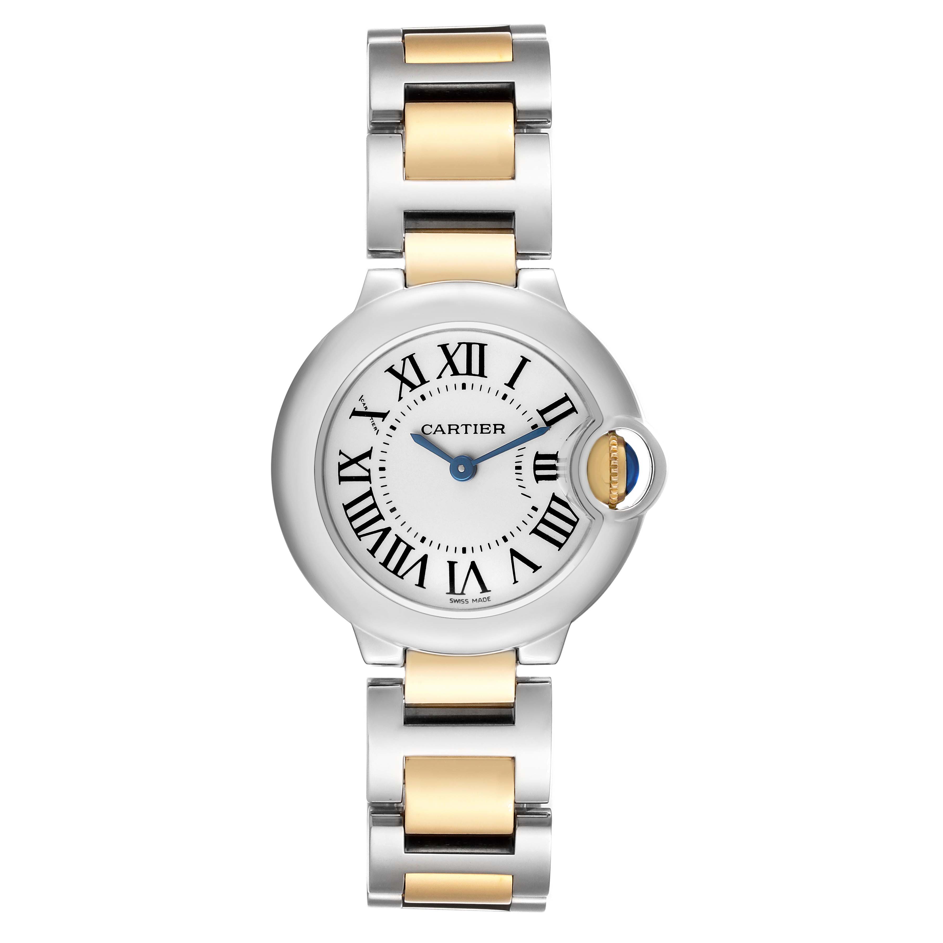 The Ballon Bleu by Cartier is shown from the front, highlighting its Roman numeral dial and metal bracelet.