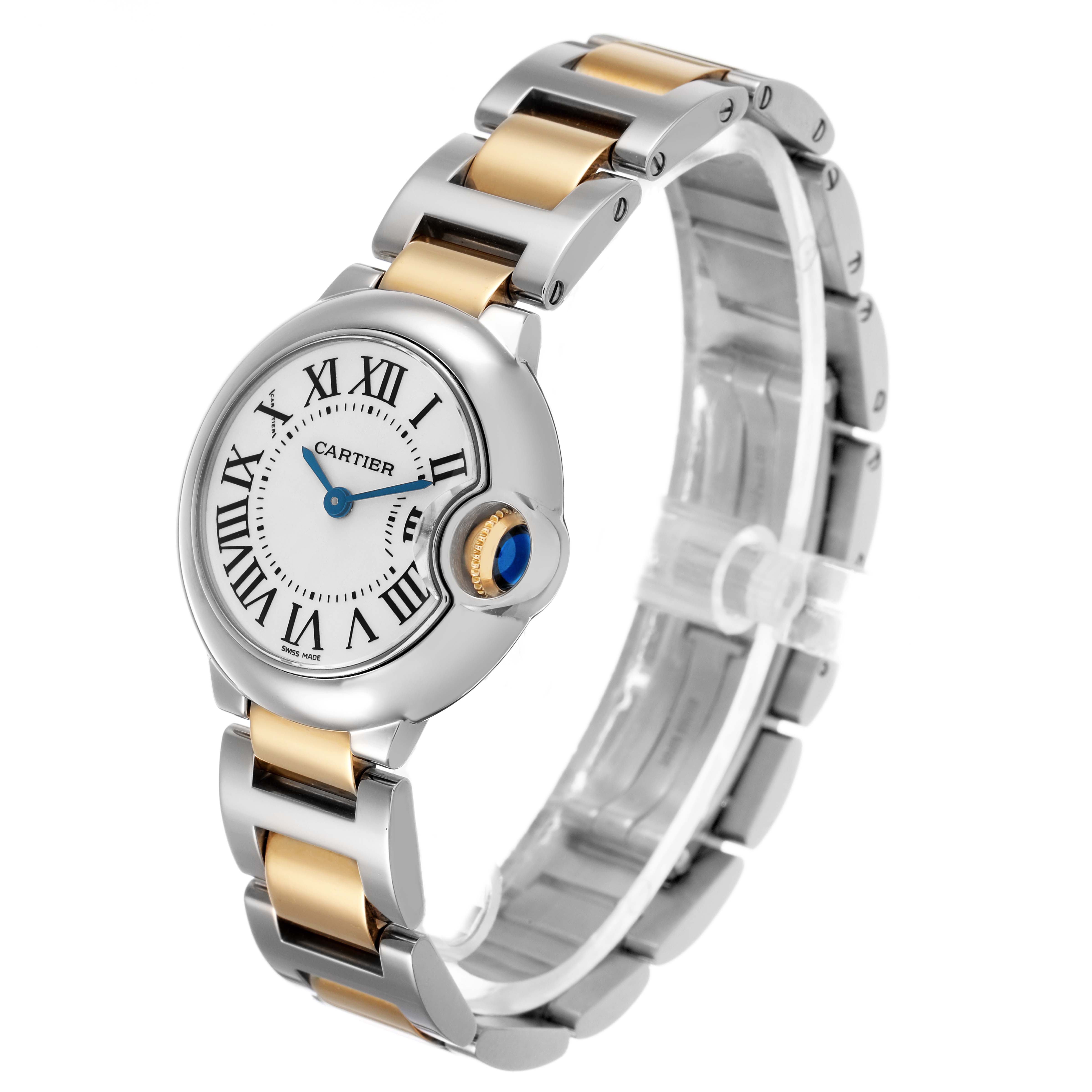 The Cartier Ballon Bleu W69007Z3 Women's Steel and Gold (two tone) Silver Dial watch is shown at a three-quarter angle, highlighting the face, bracelet, and unique crown design.