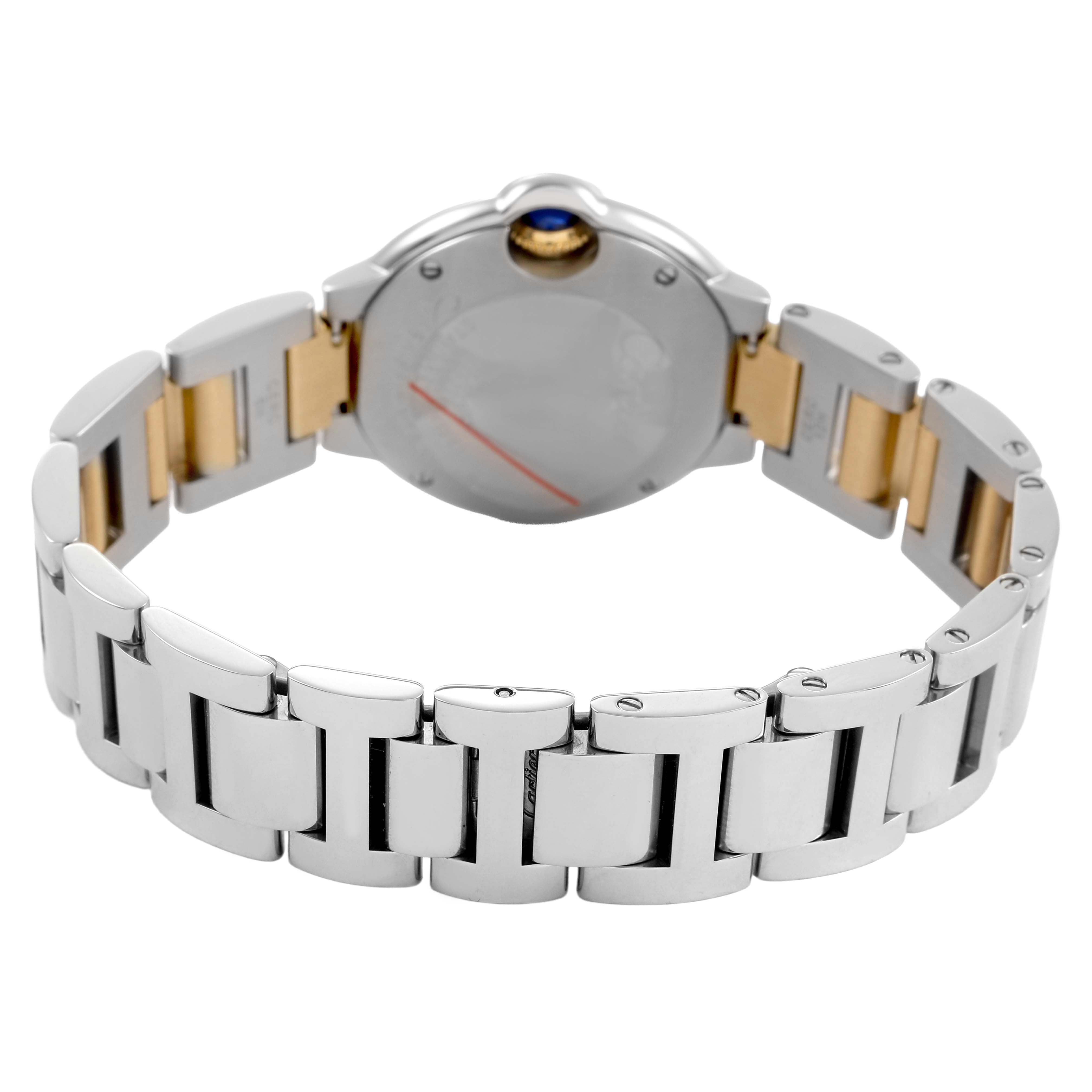 The image shows the back view of the Ballon Bleu de Cartier watch, highlighting the bracelet and case back.