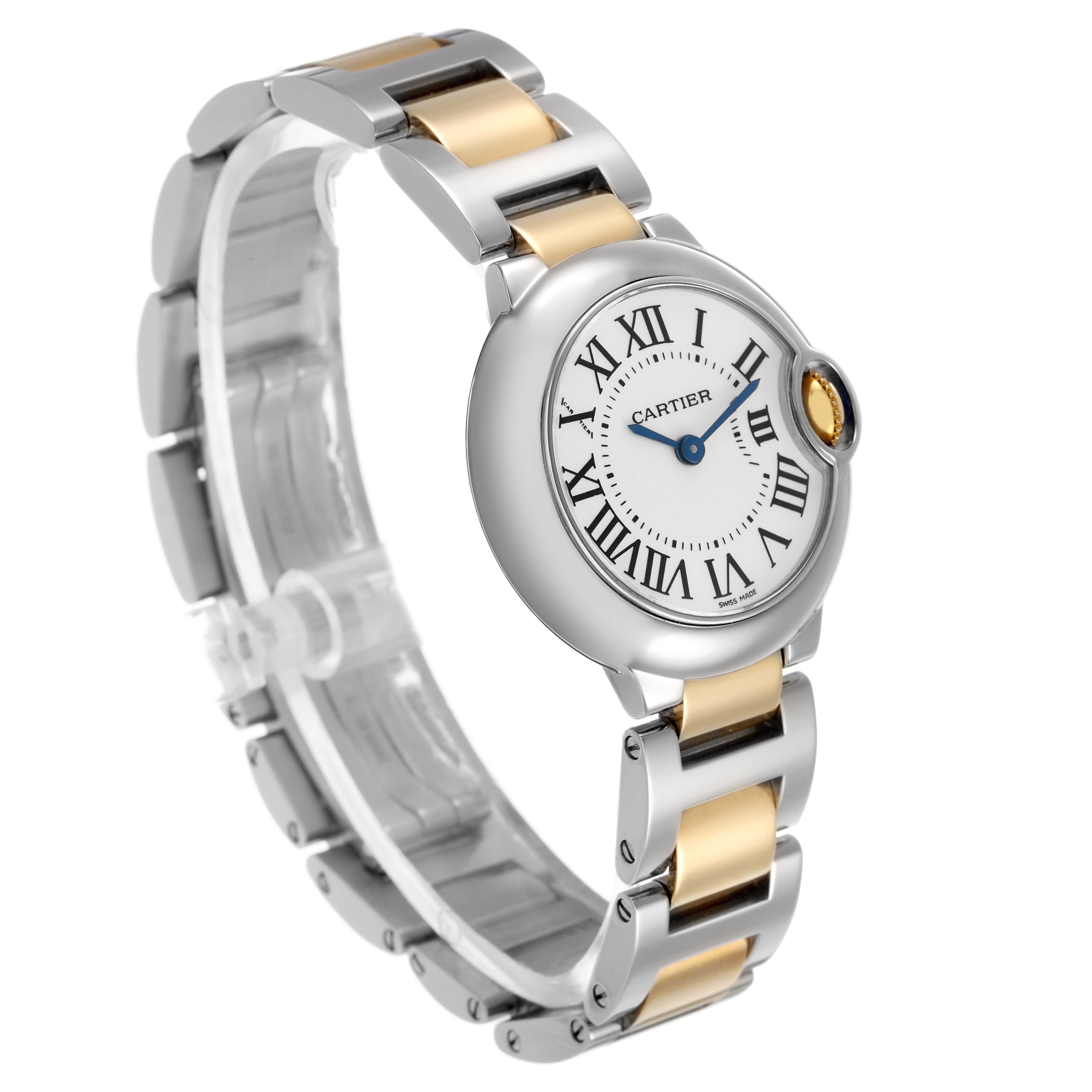 The Cartier Ballon Bleu W69007Z3 Women's Steel and Gold (two tone) Silver Dial watch is shown from a tilted side angle, highlighting its round case, Roman numerals, and two-tone bracelet.
