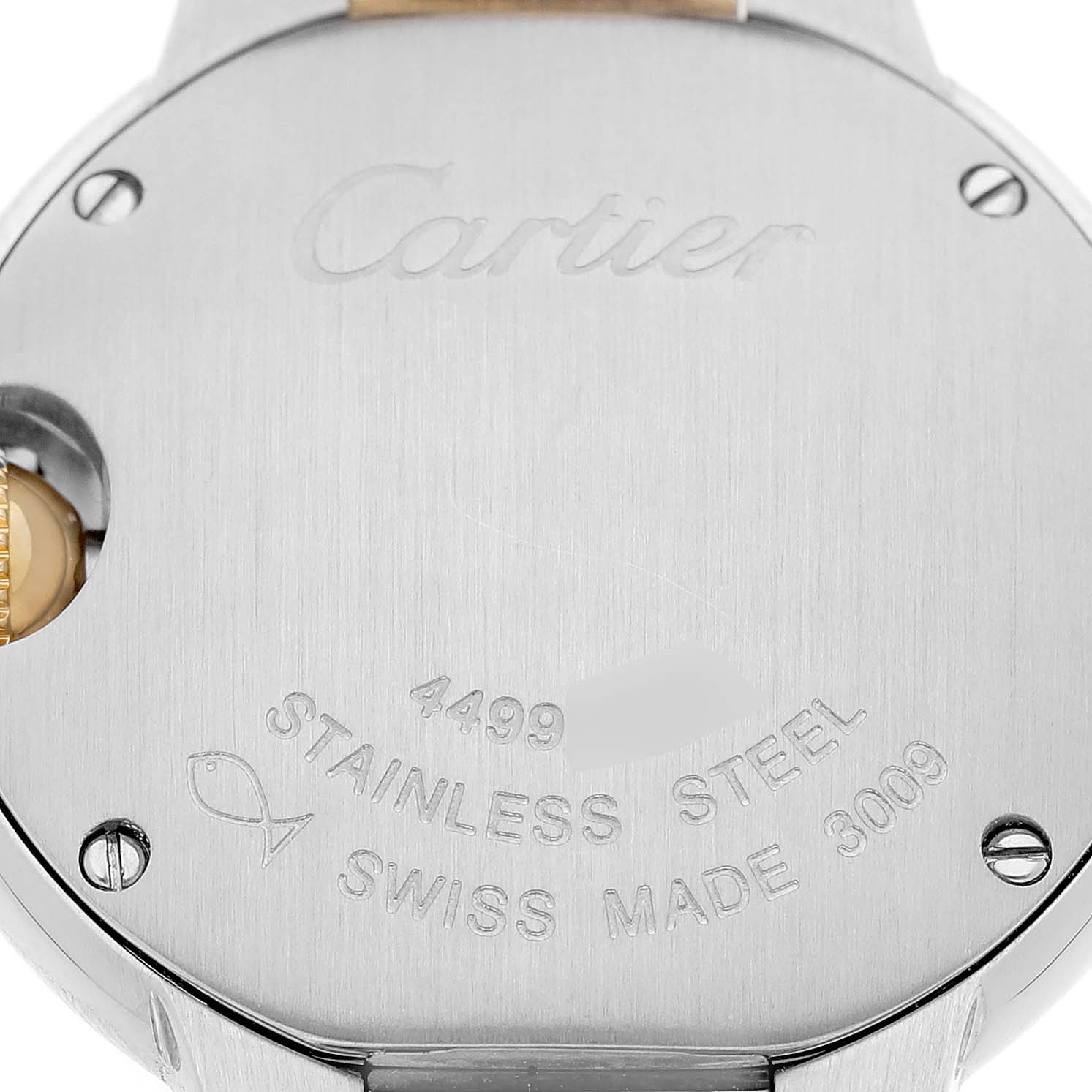 The image shows the stainless steel back of a Cartier Ballon Bleu W69007Z3 Women's Steel and Gold (two tone) Silver Dial watch, displaying branding and specifications.