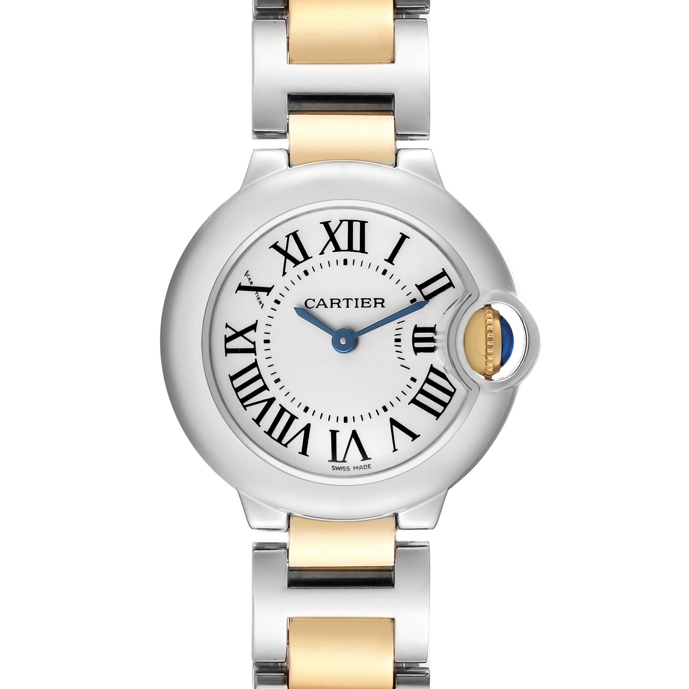 The Cartier Ballon Bleu W69007Z3 Women's Steel and Gold (two tone) Silver Dial watch is shown from the front, highlighting its dial, bracelet, and crown with a blue cabochon.