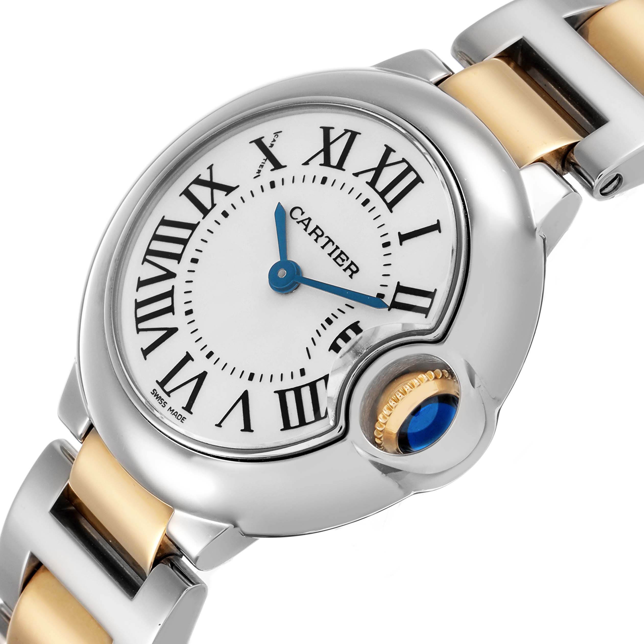 The Cartier Ballon Bleu W69007Z3 Women's Steel and Gold (two tone) Silver Dial watch is shown at an angle highlighting the face, crown, and part of the metal strap.